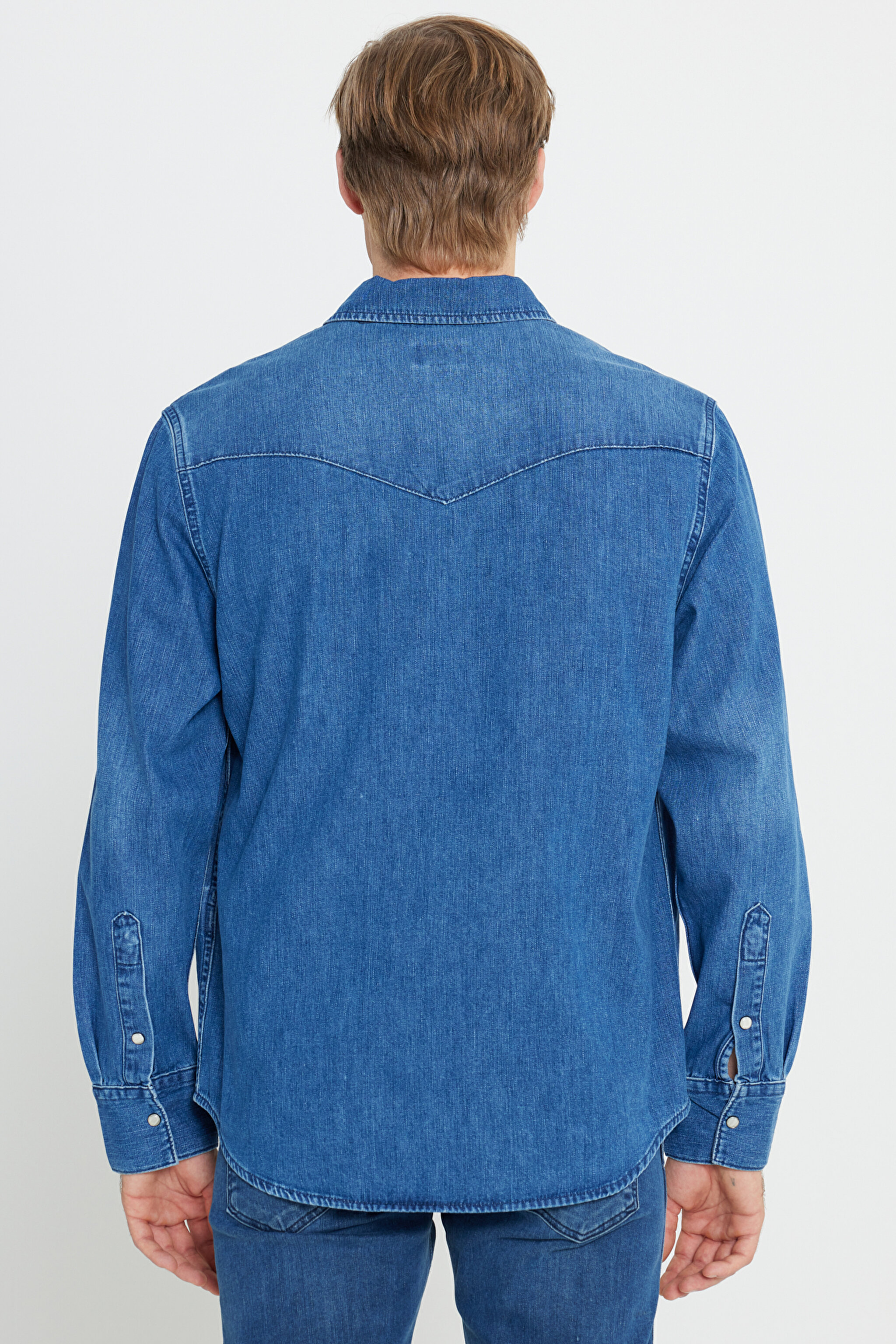Regular Fit Normal Kesim Esnek Jean Kot Gömlek - Indigo Clay-W5D1NC152 (görsel 5)