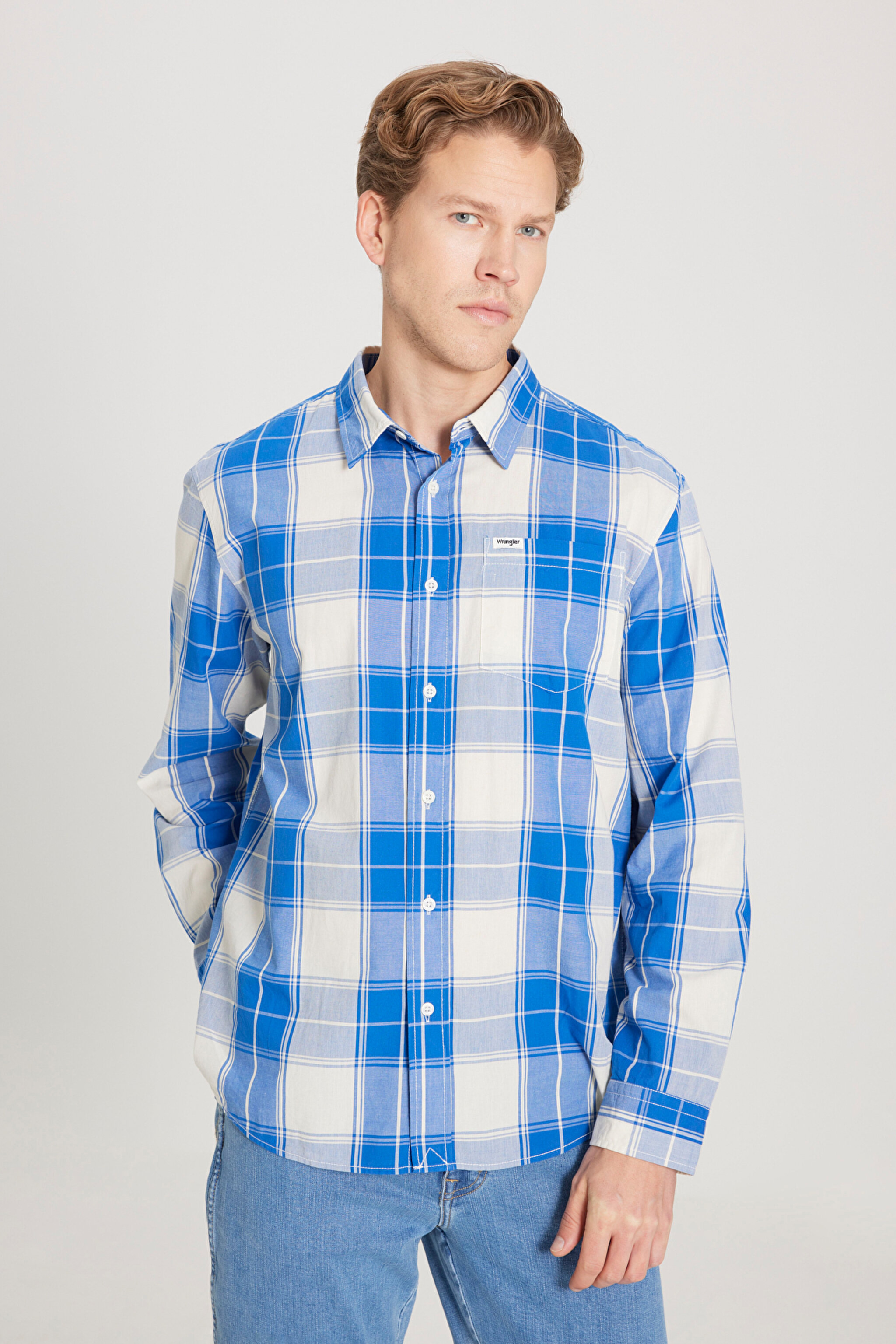 Regular Fit Normal Kesim %100 Pamuk Kareli Uzun Kollu Gömlek - Nautical Blue-W5D64MXV2 (görsel 2)