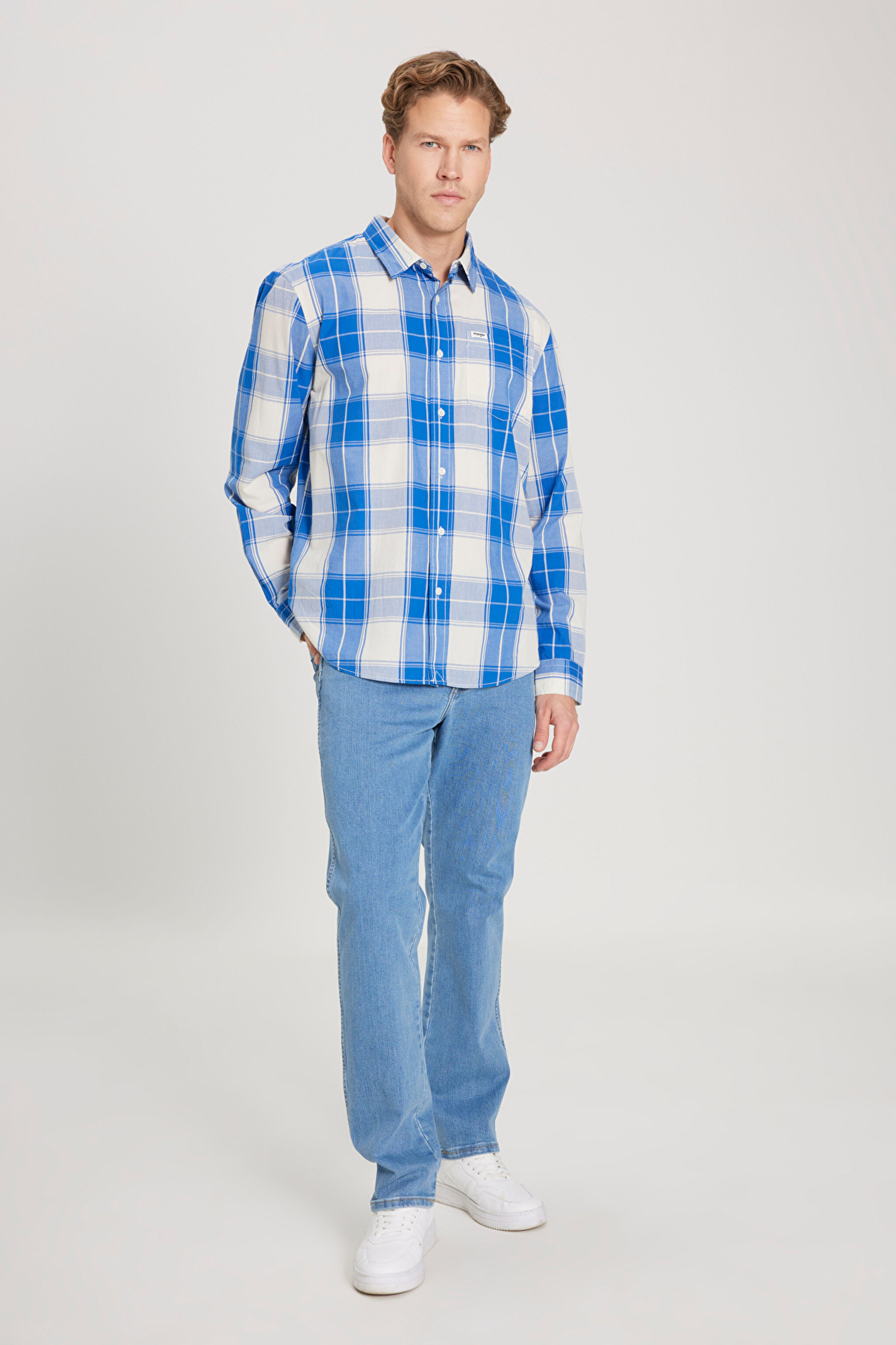 Regular Fit Normal Kesim %100 Pamuk Kareli Uzun Kollu Gömlek - Nautical Blue-W5D64MXV2 (görsel 4)