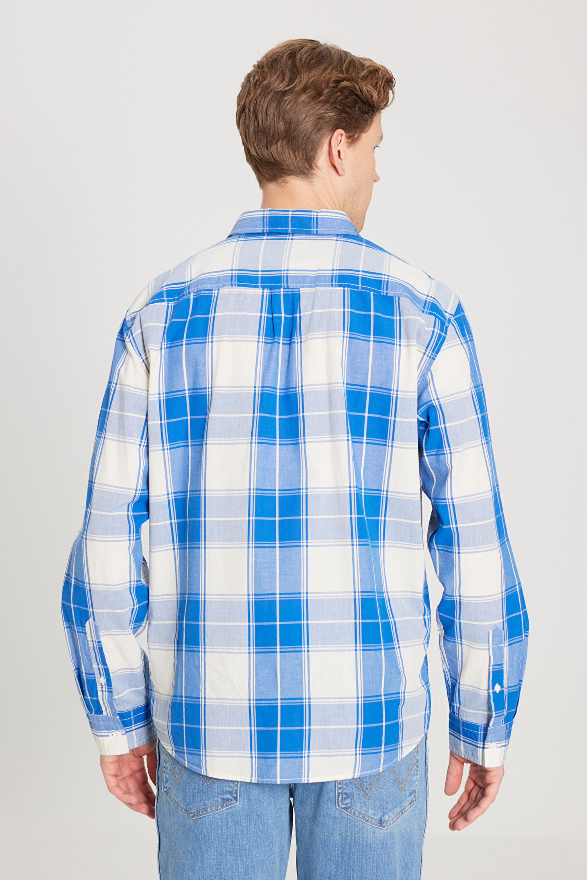 Regular Fit Normal Kesim %100 Pamuk Kareli Uzun Kollu Gömlek - Nautical Blue-W5D64MXV2 (görsel 6)