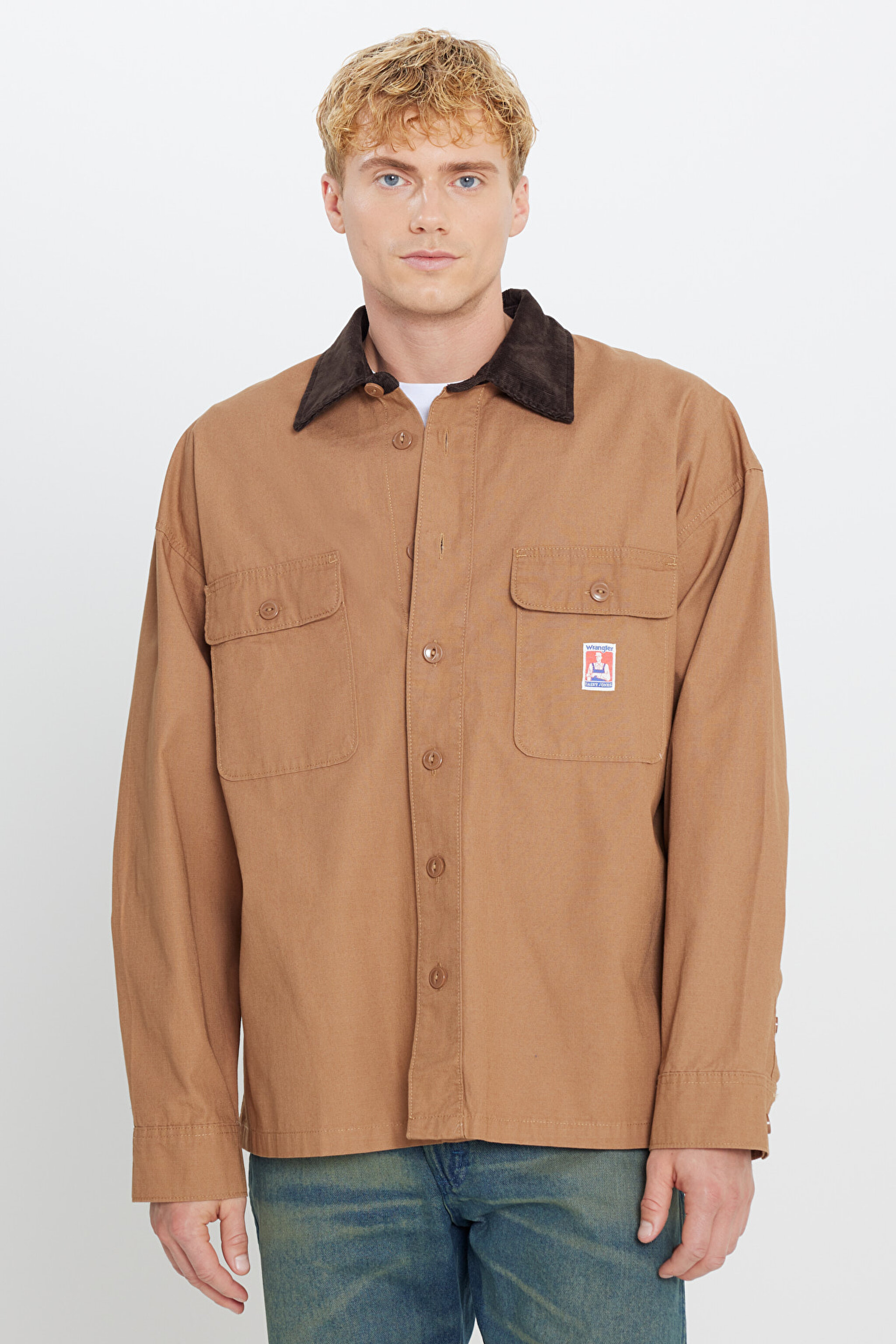 %100 Pamuk Oversize Gömlek Yaka Cepli Ceket - Toasted Coconut-W5G7209032996 (görsel 2)