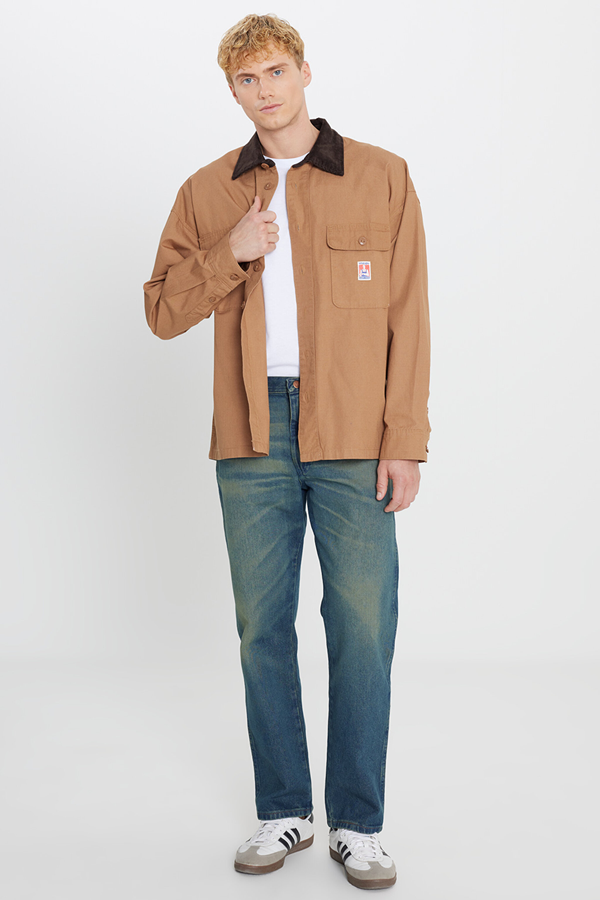 %100 Pamuk Oversize Gömlek Yaka Cepli Ceket - Toasted Coconut-W5G7209032996 (görsel 3)