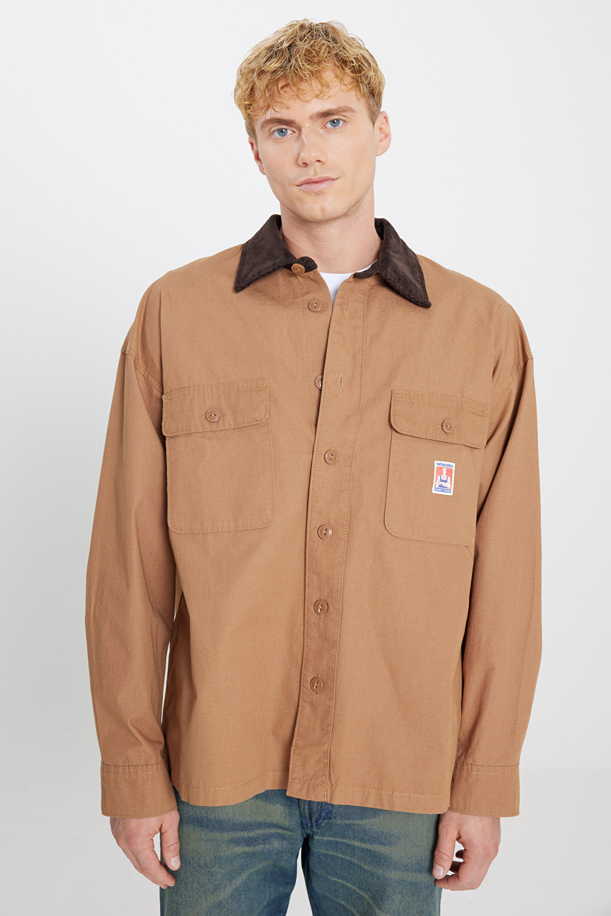 %100 Pamuk Oversize Gömlek Yaka Cepli Ceket - Toasted Coconut-W5G7209032996 (görsel 4)