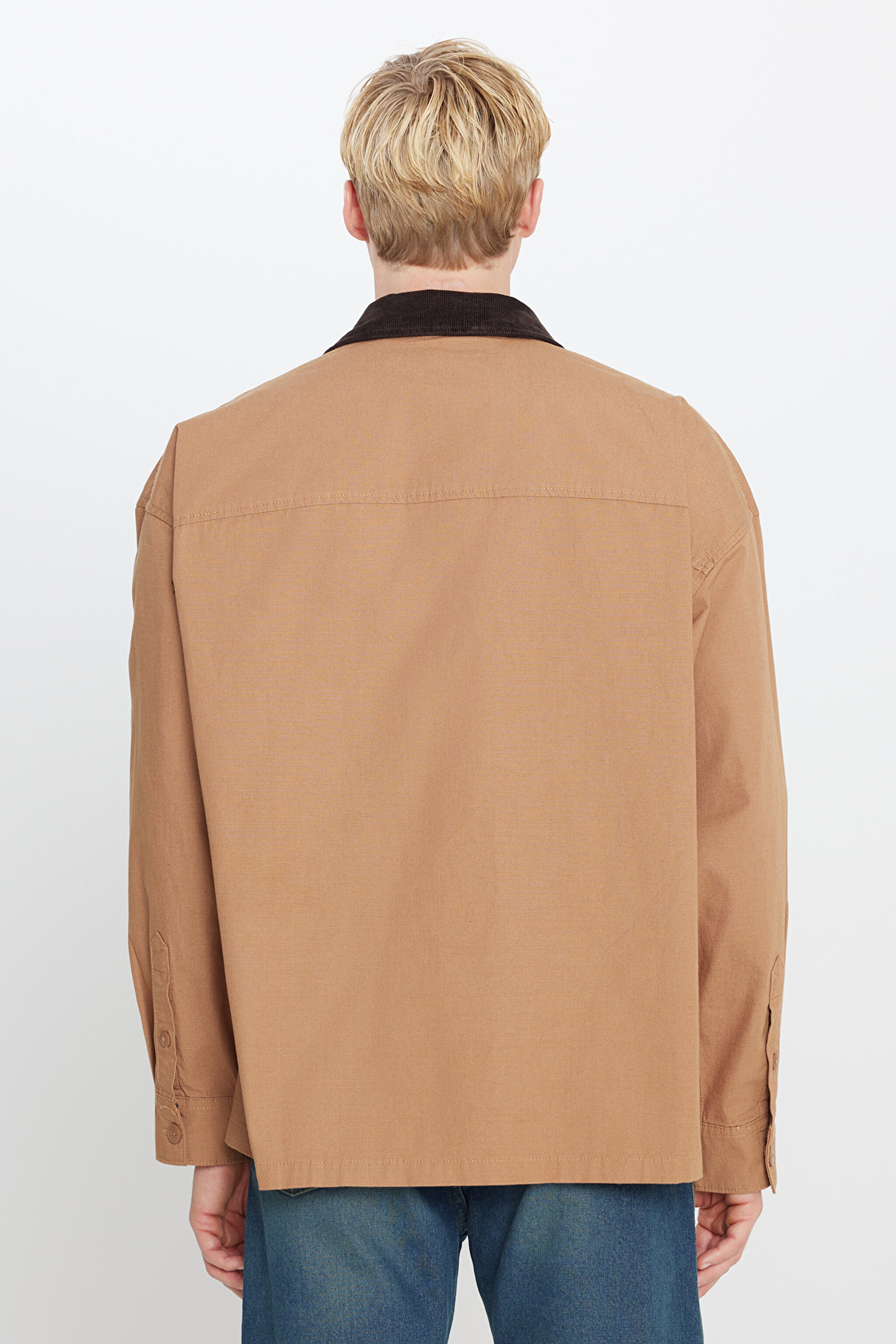%100 Pamuk Oversize Gömlek Yaka Cepli Ceket - Toasted Coconut-W5G7209032996 (görsel 5)