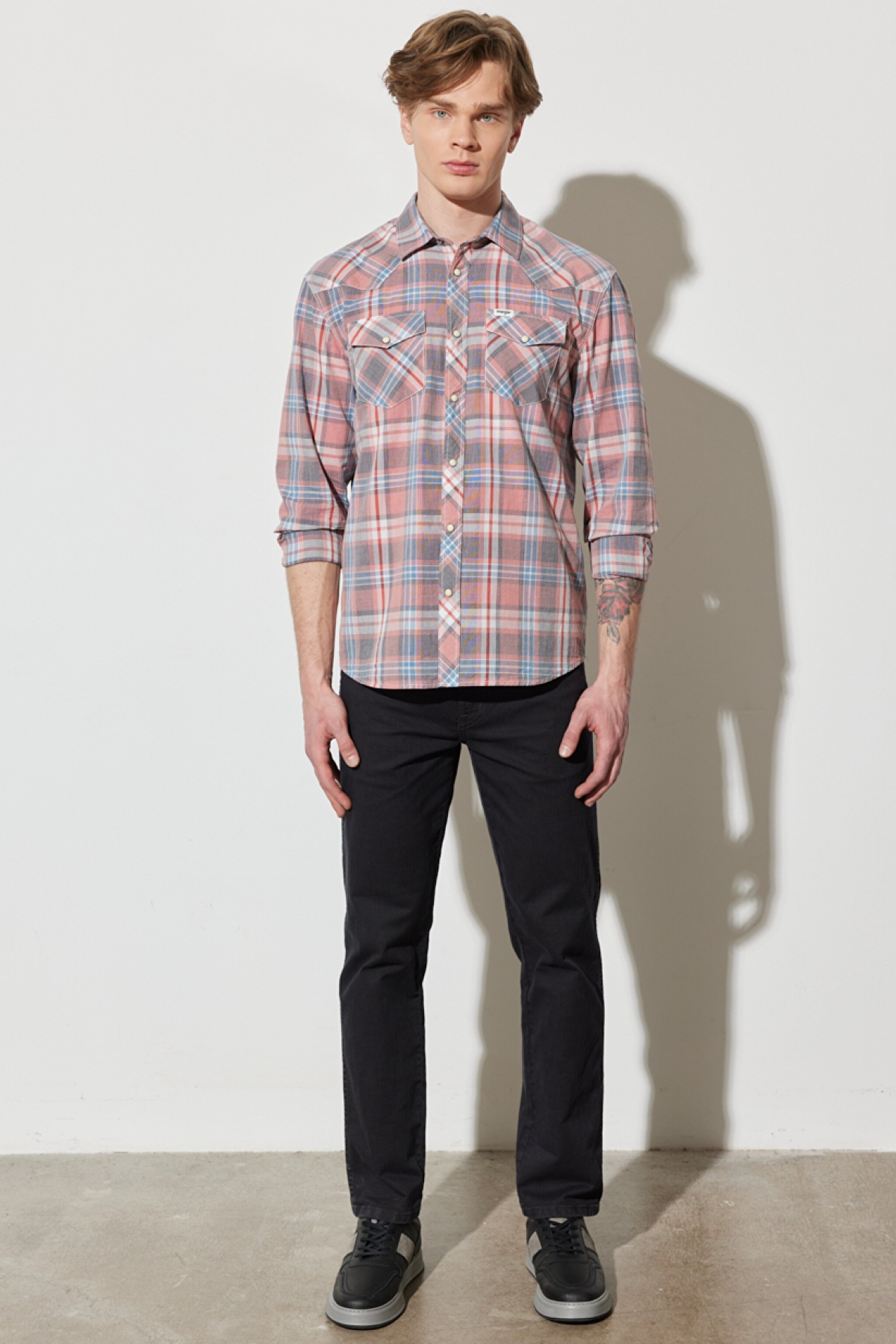 Regular Fit Normal Kesim %100 Pamuk Kareli Uzun Kollu Gömlek - Faded Rose-W5H94MXAP (görsel 6)