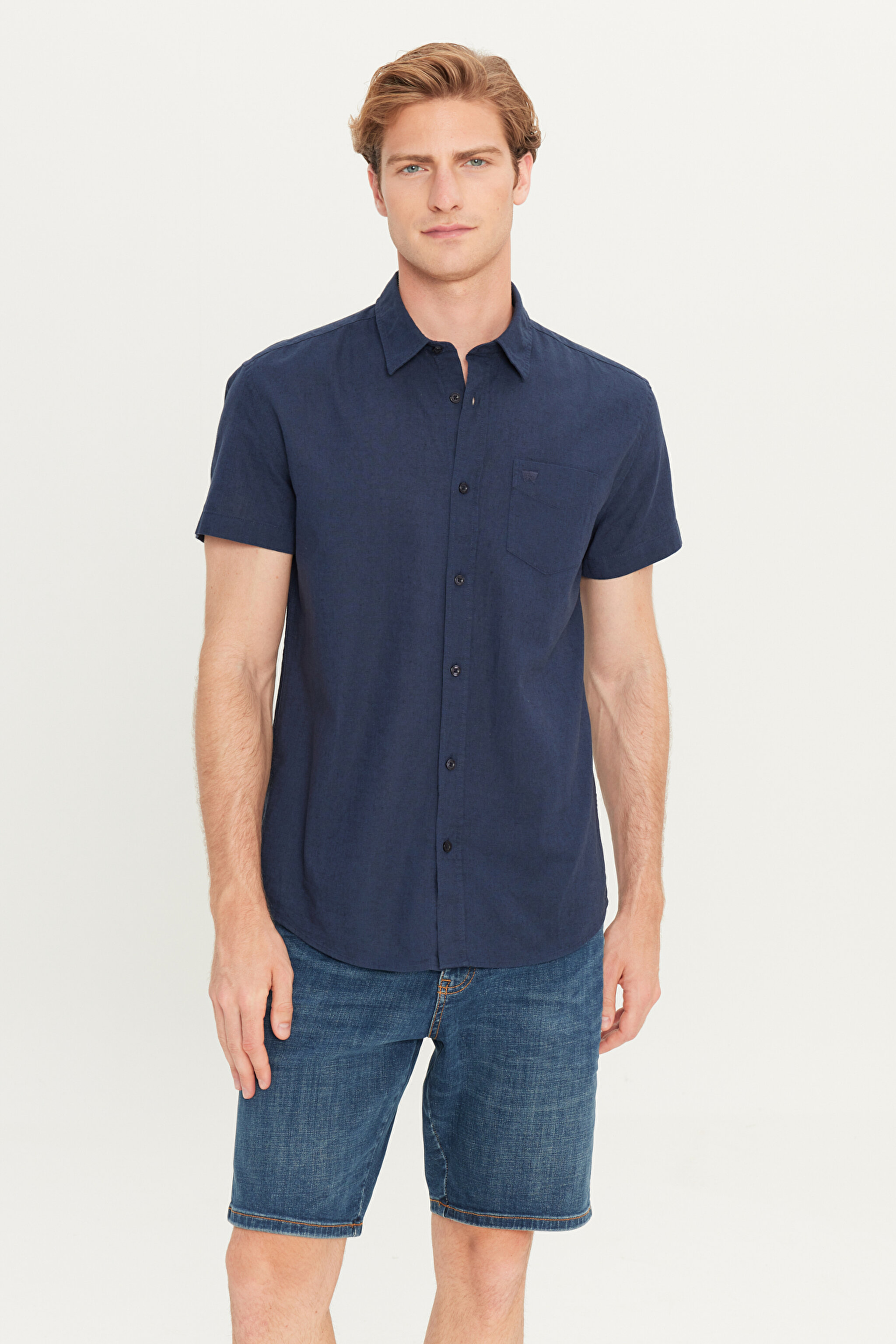 Regular Fit Normal Kesim Kısa Kollu Düğmeli Yaka Keten Gömlek - Navy-W5J7LO114