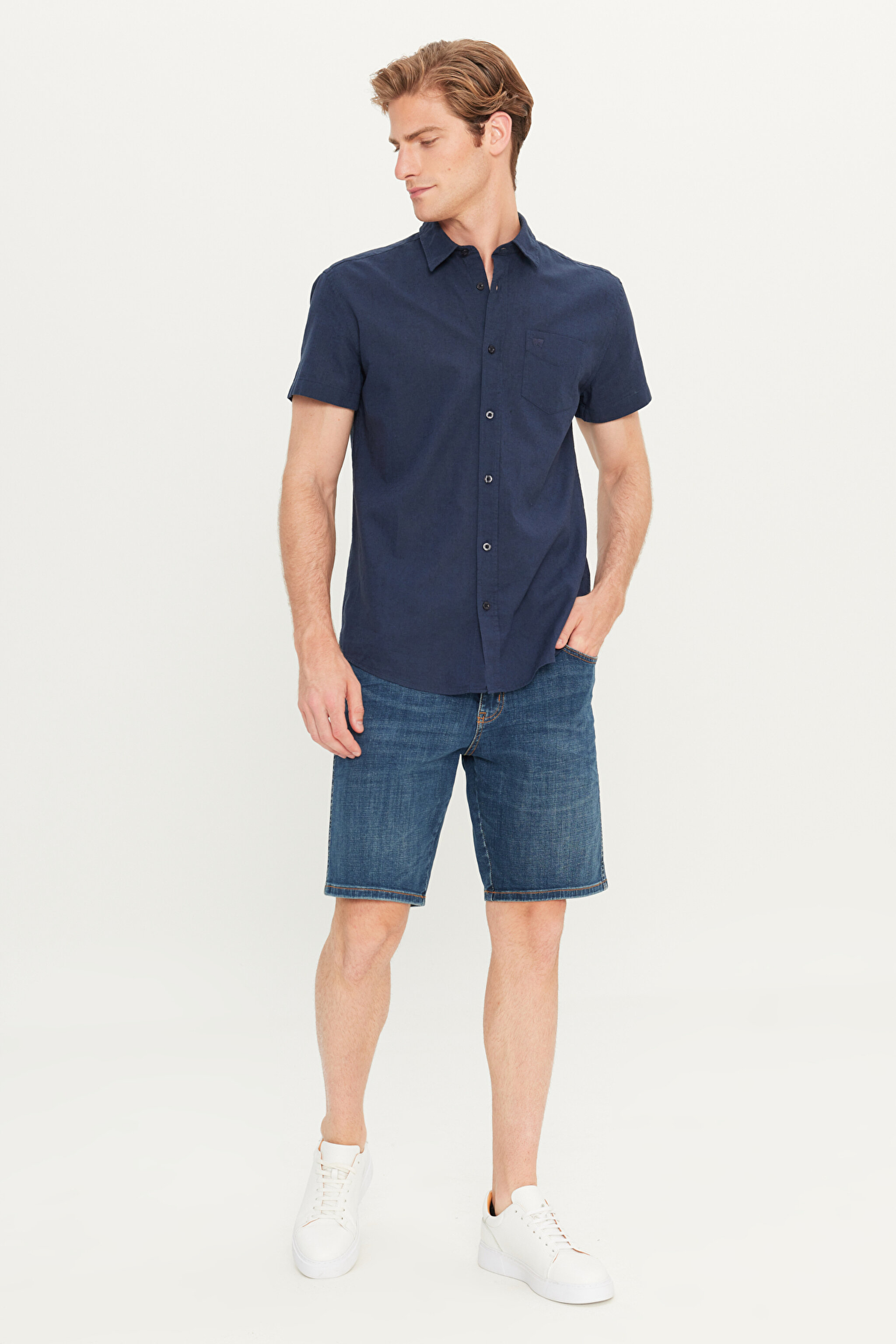 Regular Fit Normal Kesim Kısa Kollu Düğmeli Yaka Keten Gömlek - Navy-W5J7LO114 (görsel 3)