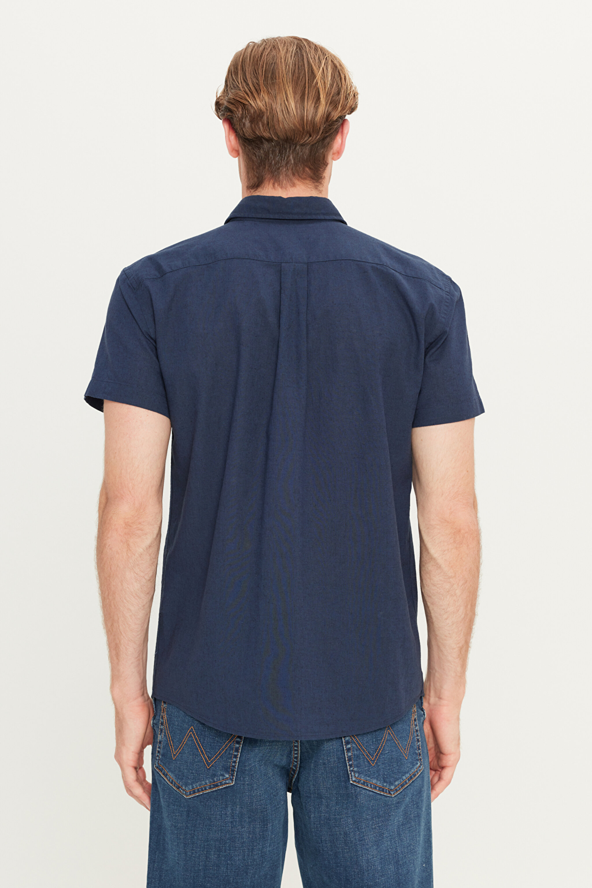 Regular Fit Normal Kesim Kısa Kollu Düğmeli Yaka Keten Gömlek - Navy-W5J7LO114 (görsel 5)