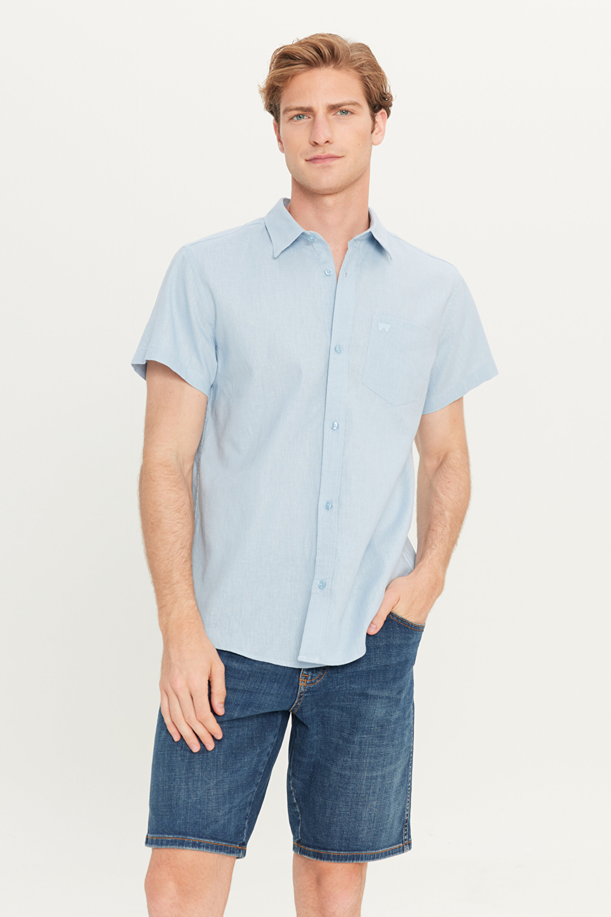 Regular Fit Normal Kesim Keten Karışımlı Açık Mavi Gömlek