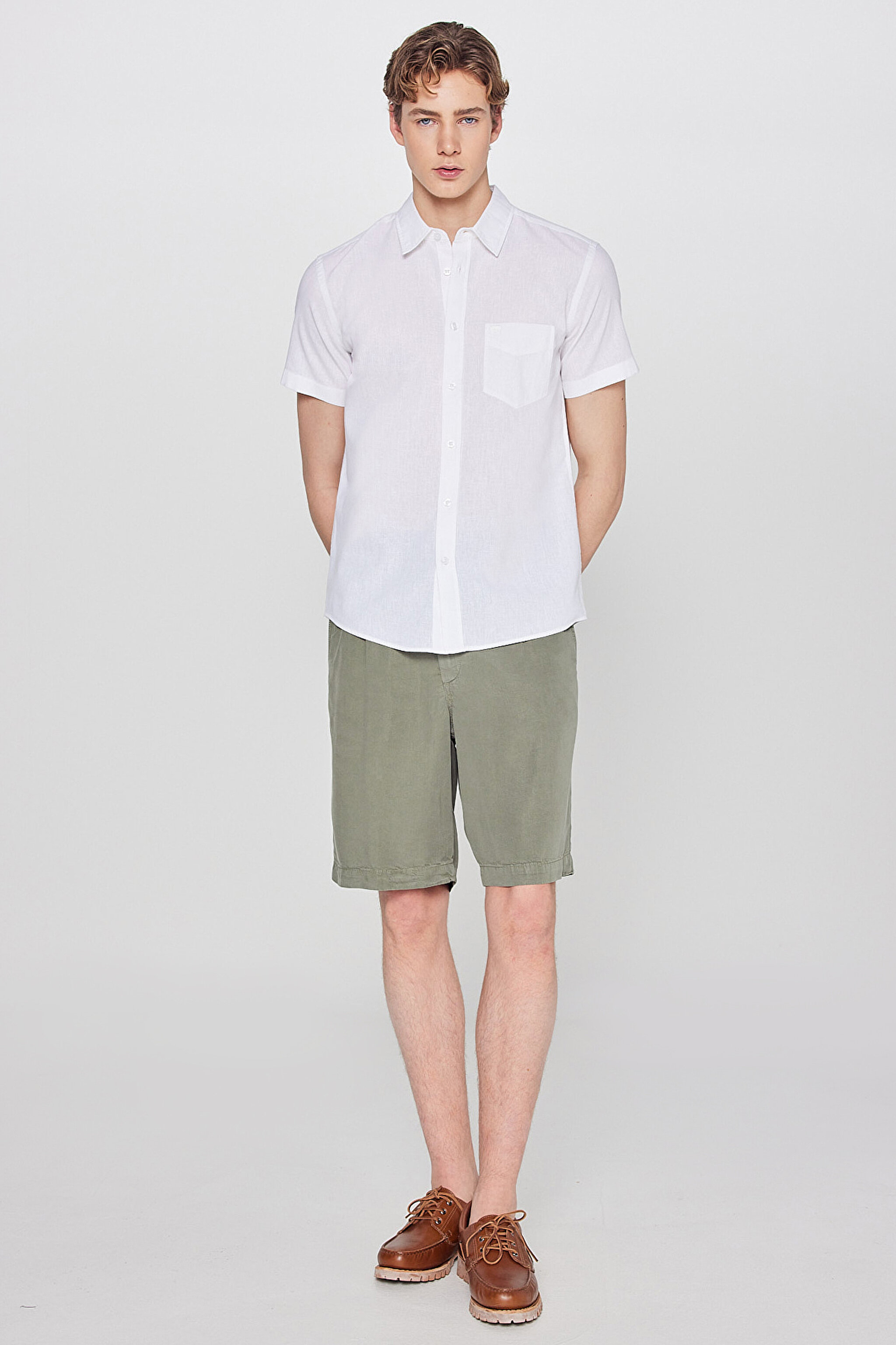 Regular Fit Normal Kesim Kısa Kollu Düğmeli Yaka Keten Gömlek - White-W5J7LO989 (görsel 3)