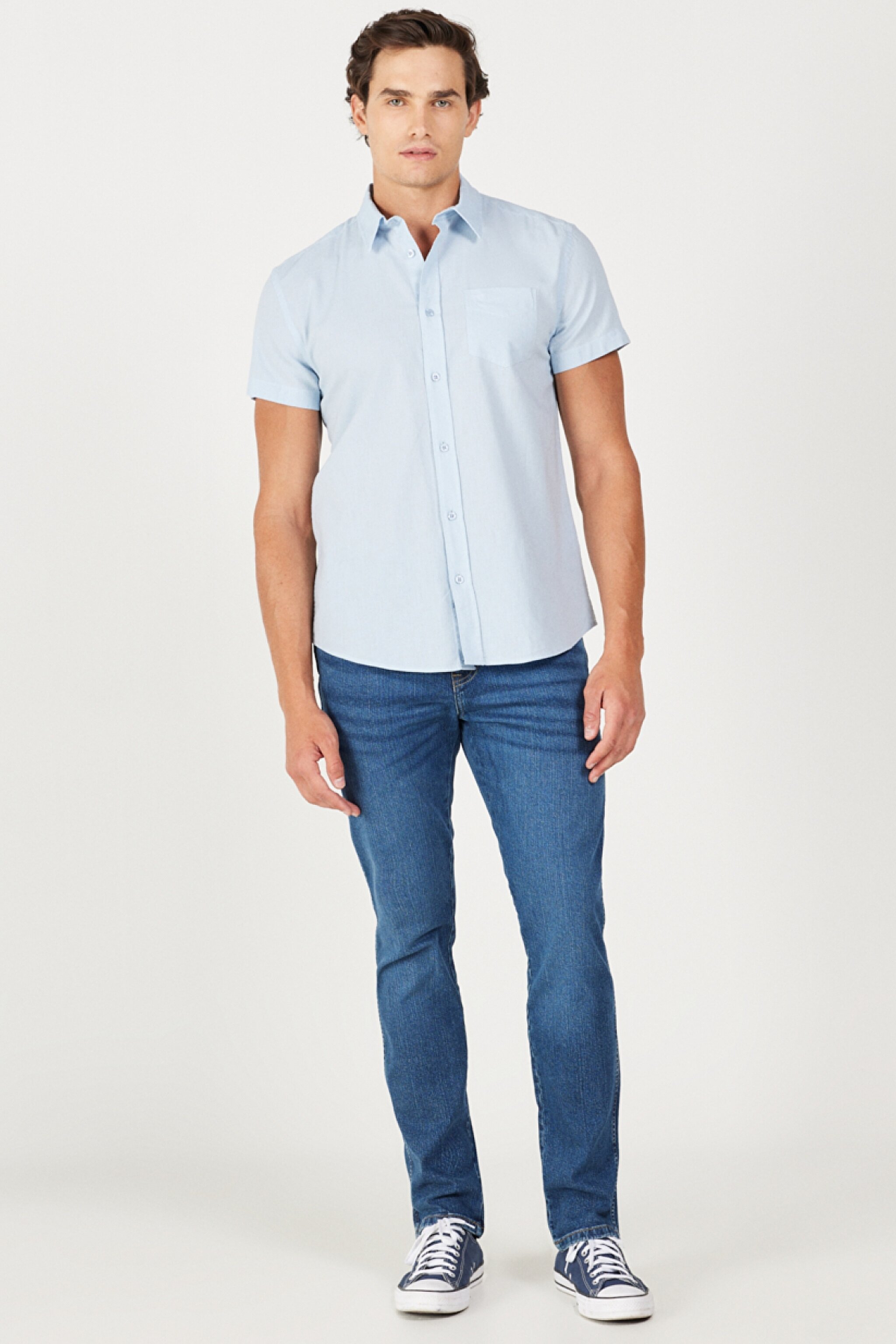 Regular Fit Normal Kesim Kısa Kollu Düğmeli Yaka Keten Gömlek - Cerulean Blue-W5J7LOXVT (görsel 4)