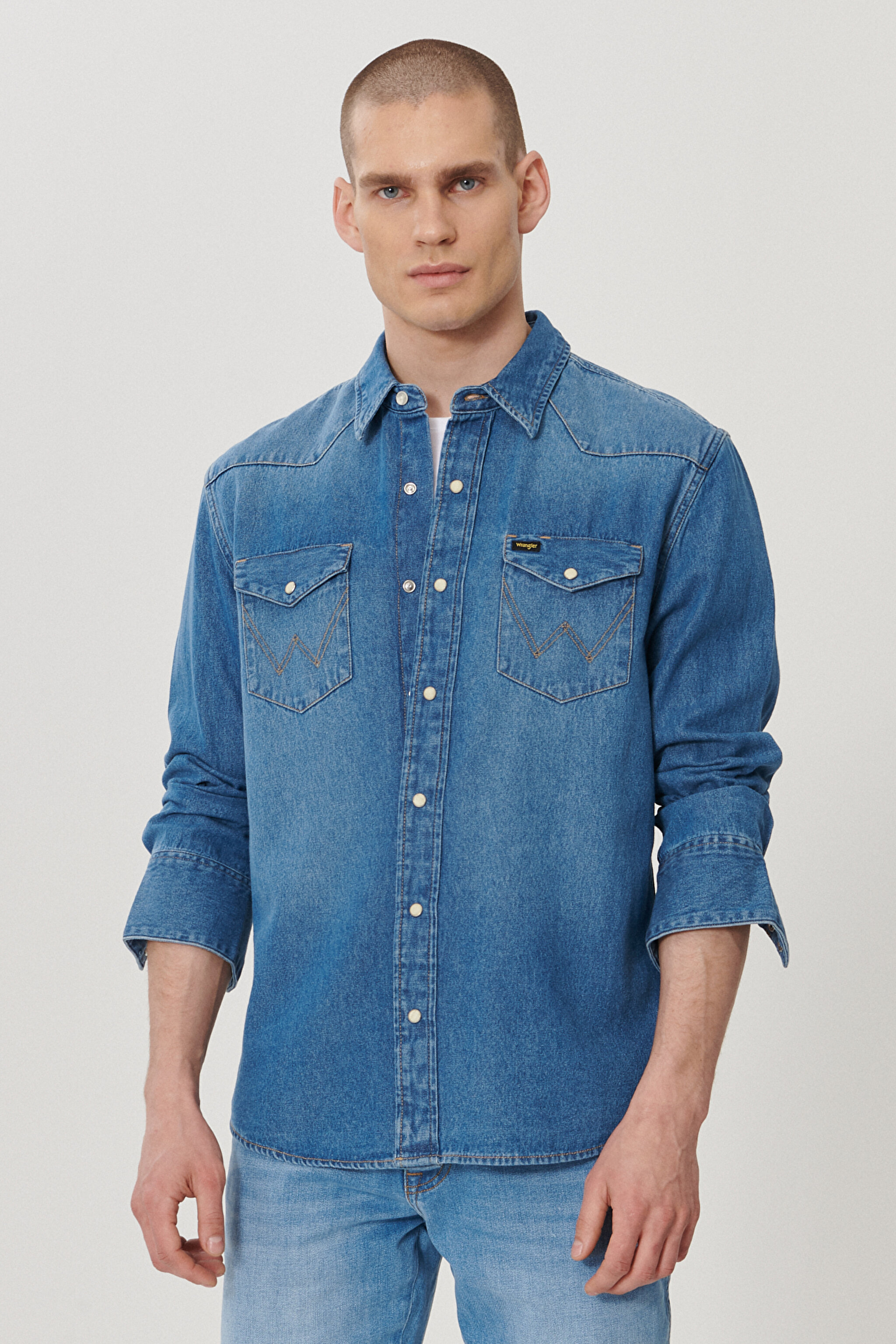 Slim Fit Dar Kesim Denim Gömlek - Mid Blue-W5MSLW922