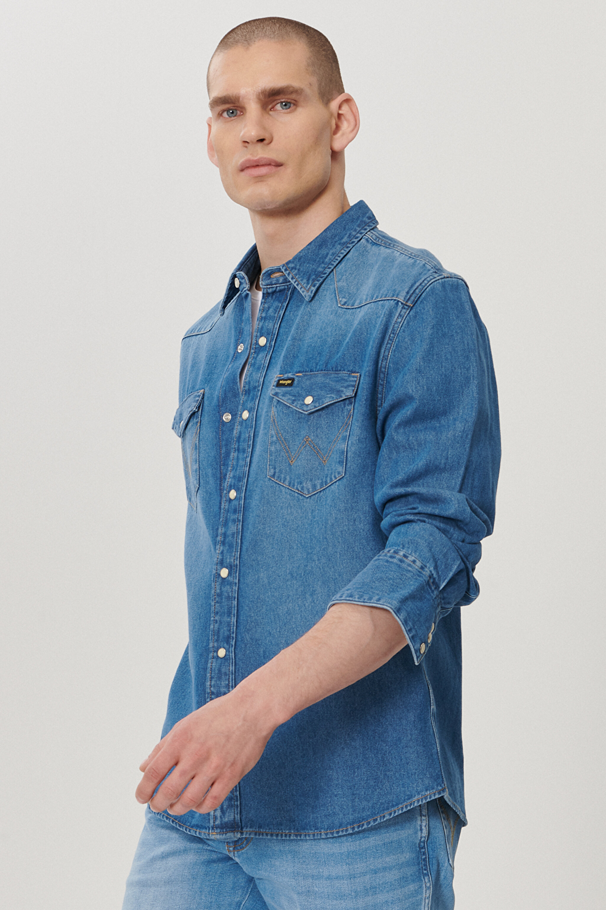 Slim Fit Dar Kesim Denim Gömlek - Mid Blue-W5MSLW922 (görsel 2)
