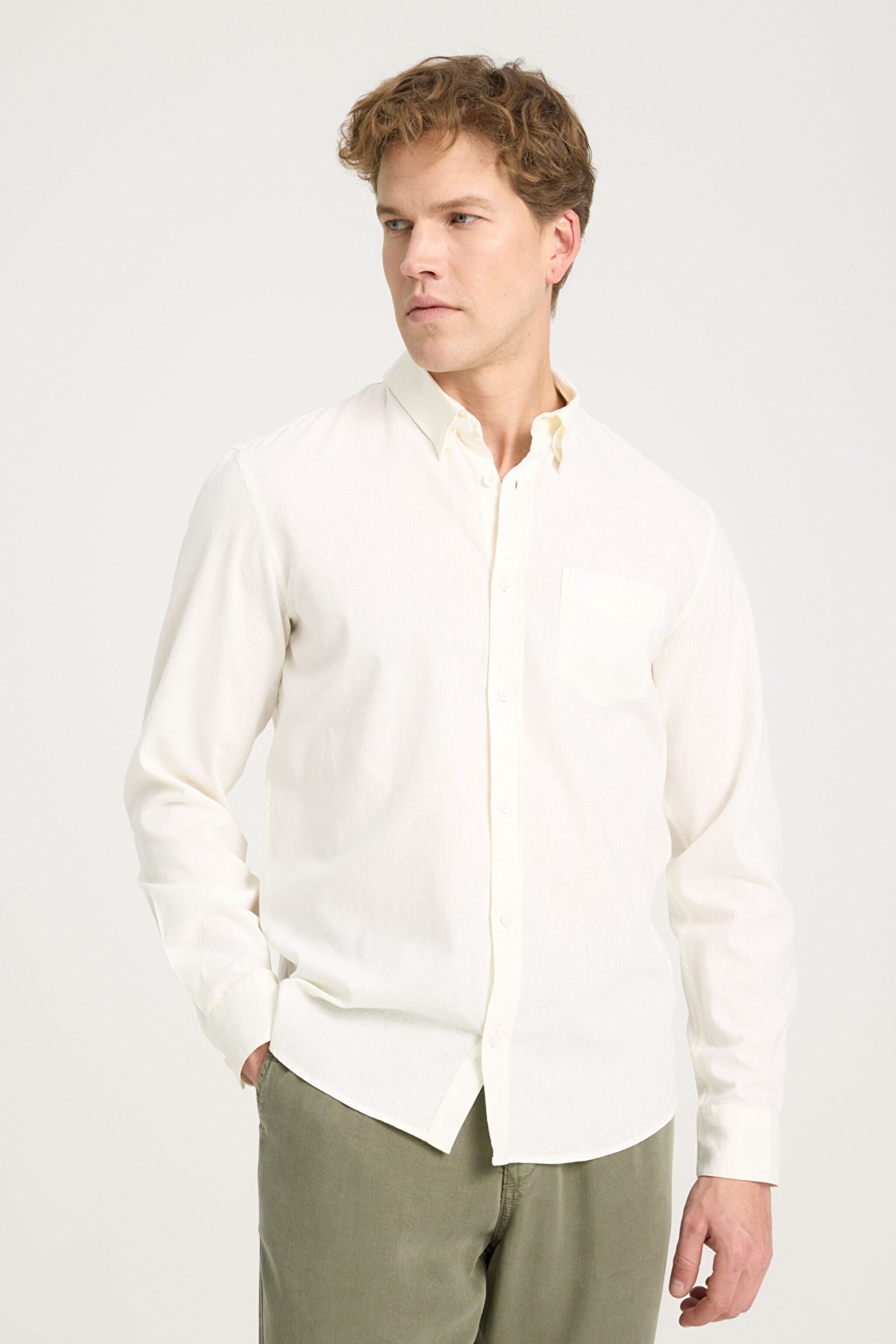 Regular Fit Normal Kesim Ekru Gömlek - Worn White-W5MY205279M50