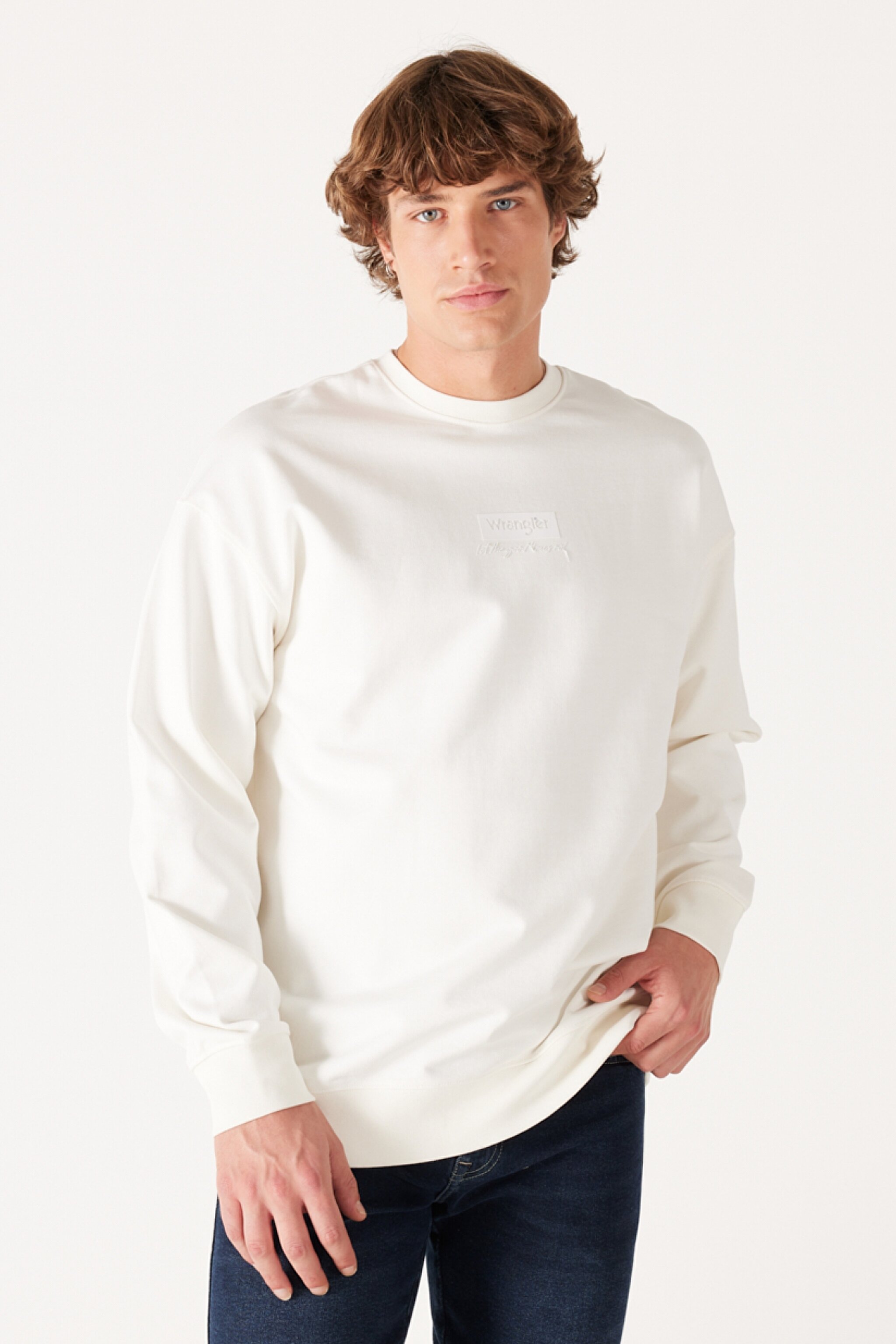 Loose Fit Rahat Kesim %100 Pamuk Bisiklet Yaka Kırık Beyaz Sweatshirt
