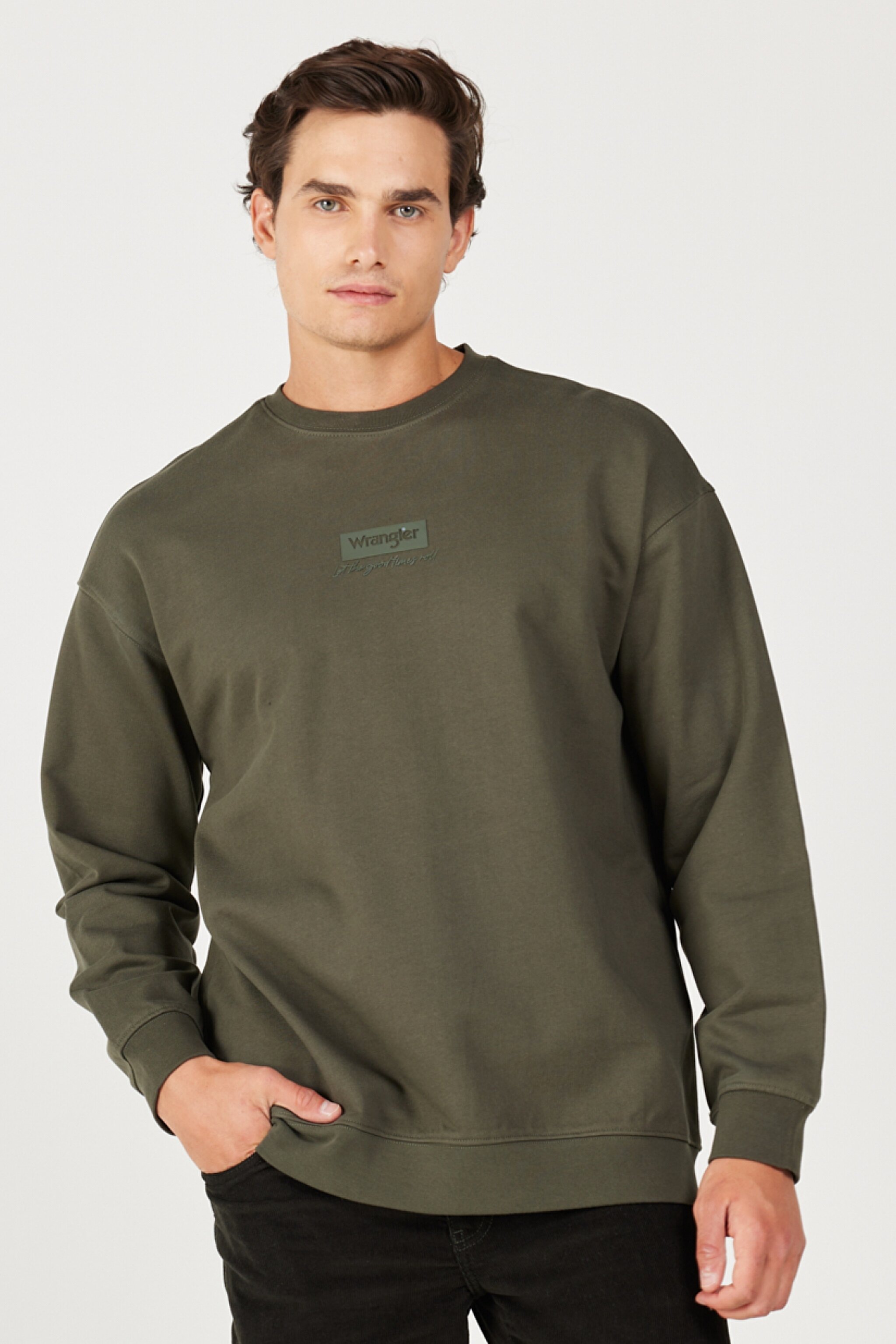 Loose Fit Rahat Kesim %100 Pamuk Bisiklet Yaka Haki Sweatshirt