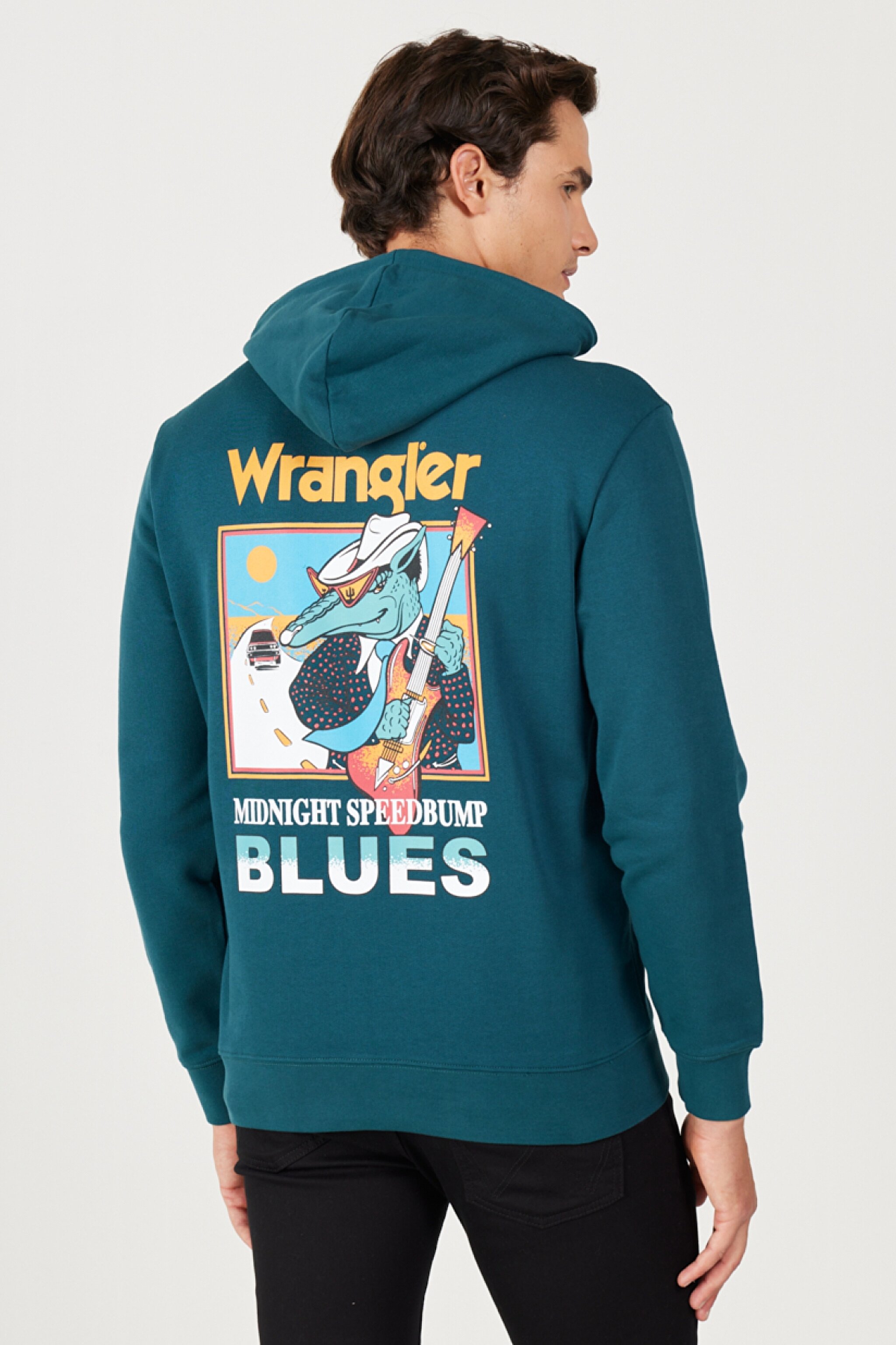 Regular Fit Normal Kesim Kapüşonlu İçi Polarlı Sırt Baskılı Yeşil Sweatshirt