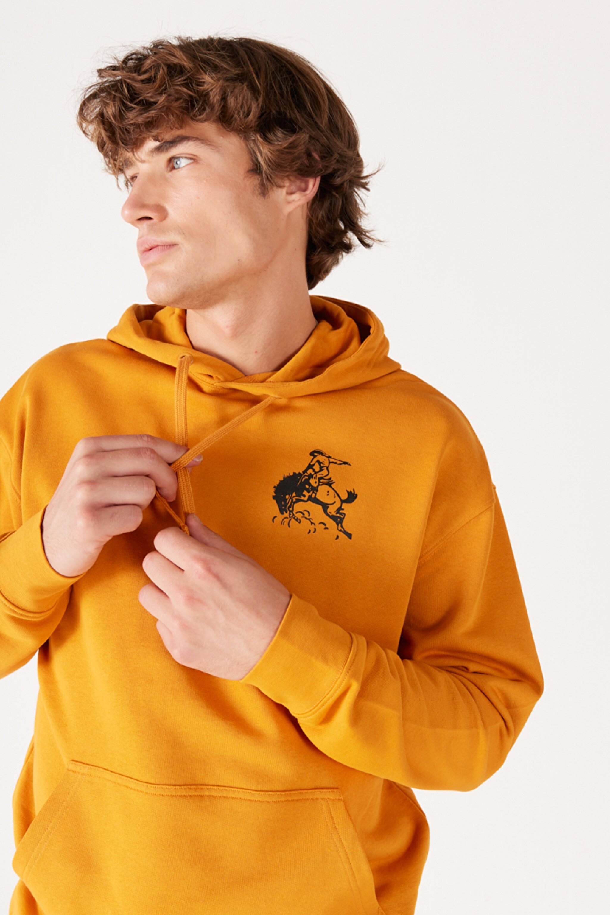 Loose Fit Rahat Kesim %100 Pamuk Kapüşonlu İçi Polarlı Sırt Baskılı Turuncu Sweatshirt - Golden Oak-W656I4H43 (görsel 3)