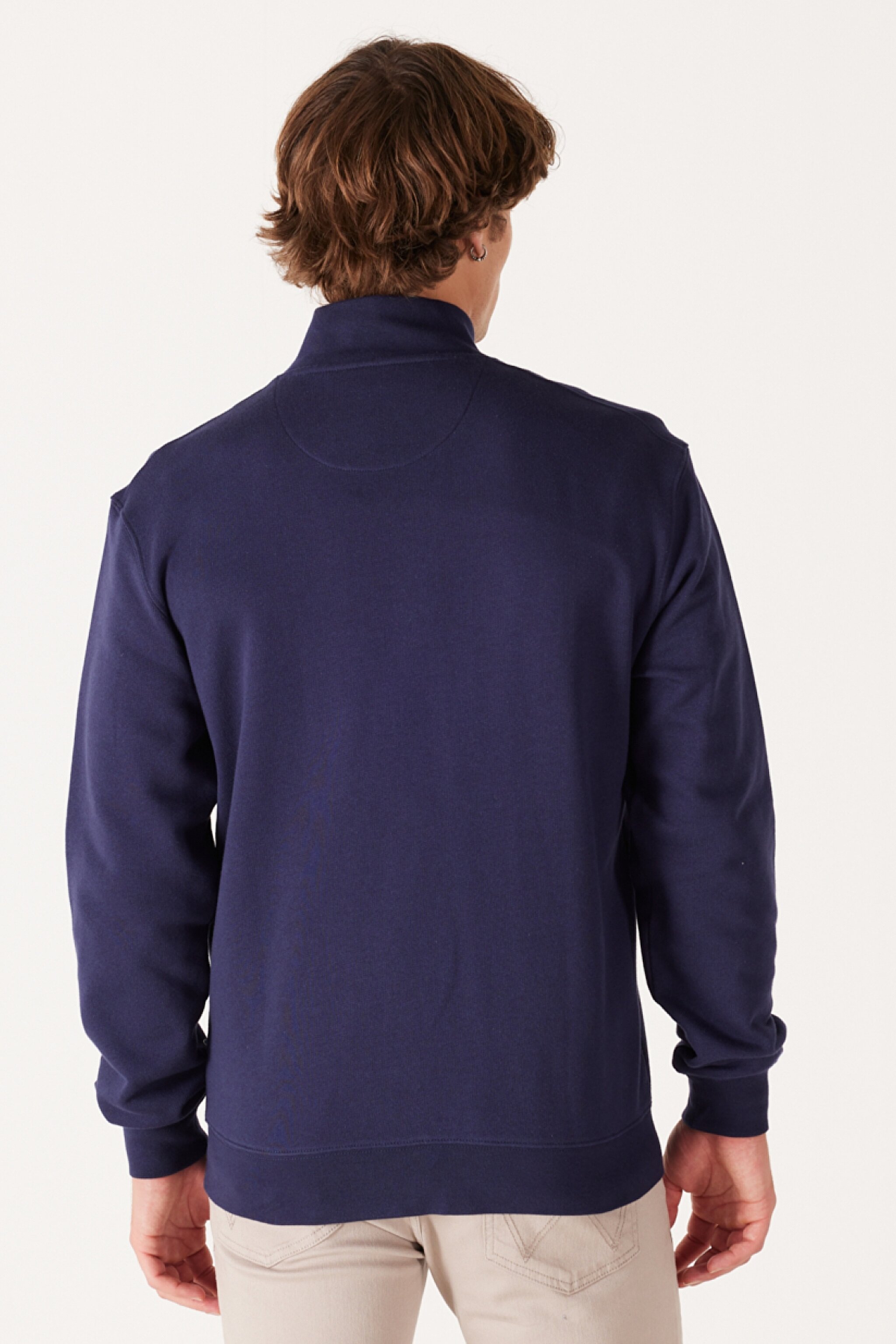 Regular Fit Normal Kesim %100 Pamuk Dik Yaka Fermuarlı Lacivert Sweatshirt Ceket - Real Navy-W663I3XW4 (görsel 6)