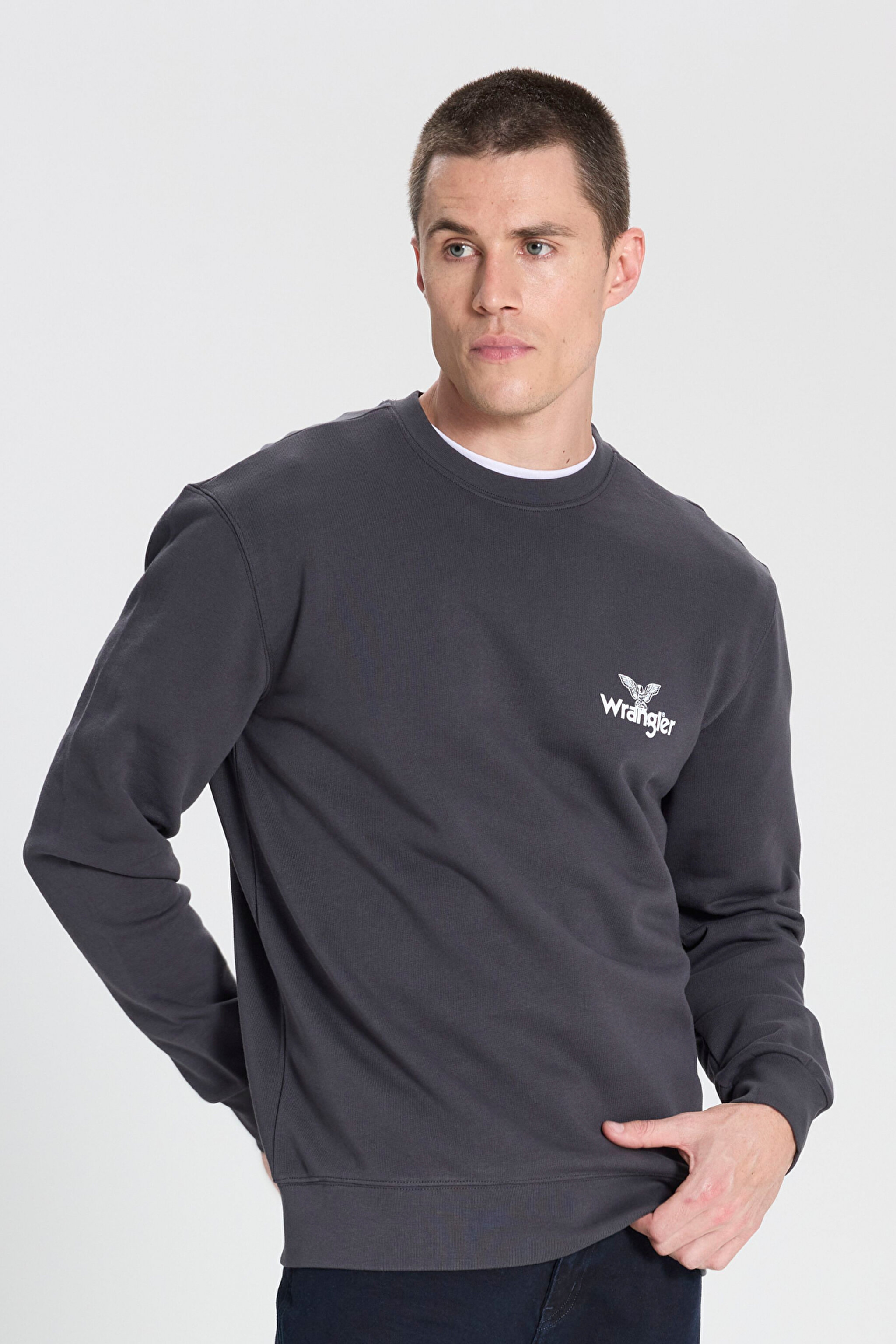 Regular Fit Normal Kesim Bisiklet Yaka %100 Pamuk Antrasit Sweatshirt - Faded Black-W6895935355 (görsel 3)