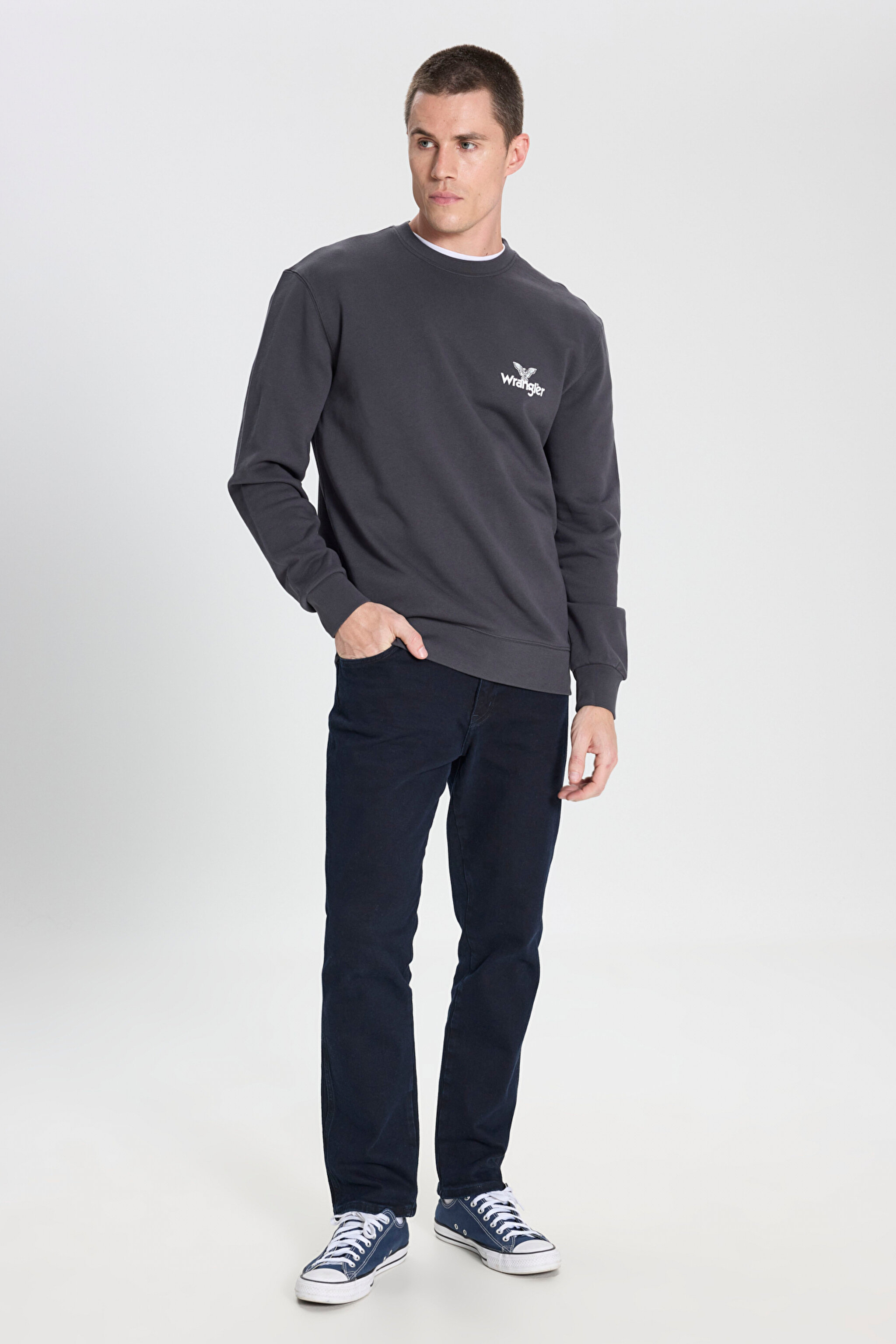 Regular Fit Normal Kesim Bisiklet Yaka %100 Pamuk Antrasit Sweatshirt - Faded Black-W6895935355 (görsel 5)