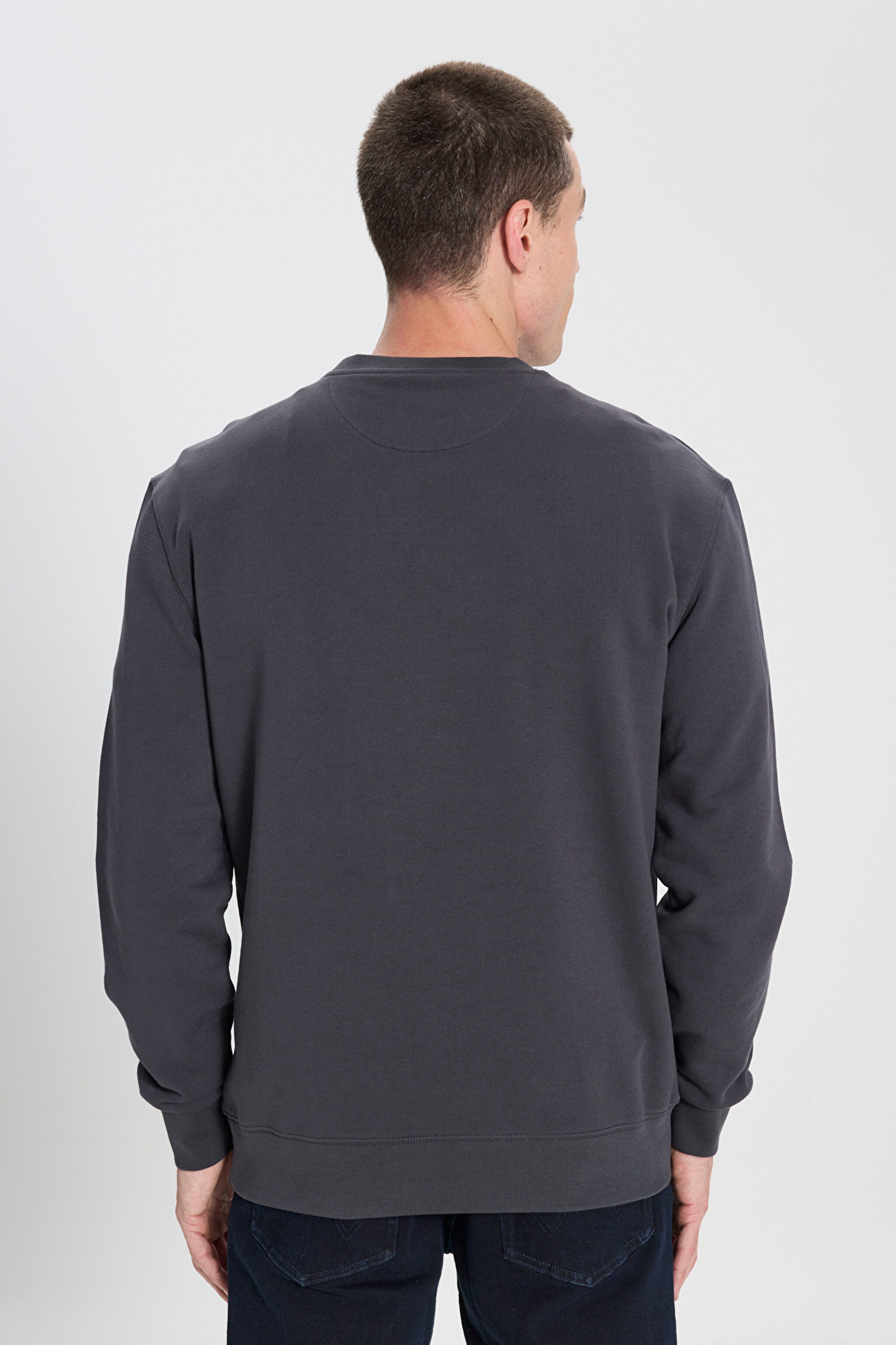 Regular Fit Normal Kesim Bisiklet Yaka %100 Pamuk Antrasit Sweatshirt - Faded Black-W6895935355 (görsel 6)