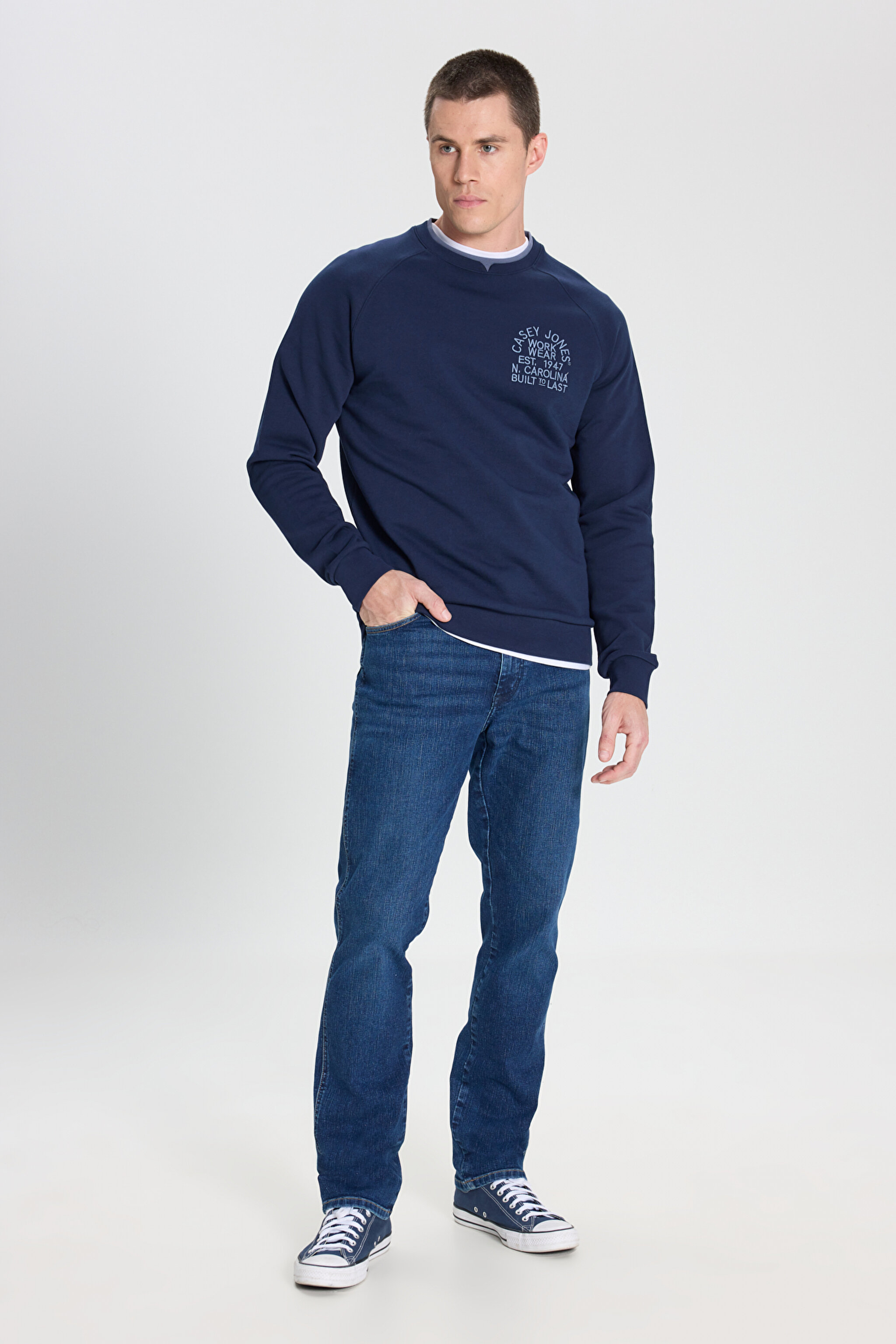Regular Fit Normal Kesim Bisiklet Yaka %100 Pamuk Lacivert Sweatshirt - Navy-W6J95935358 (görsel 3)