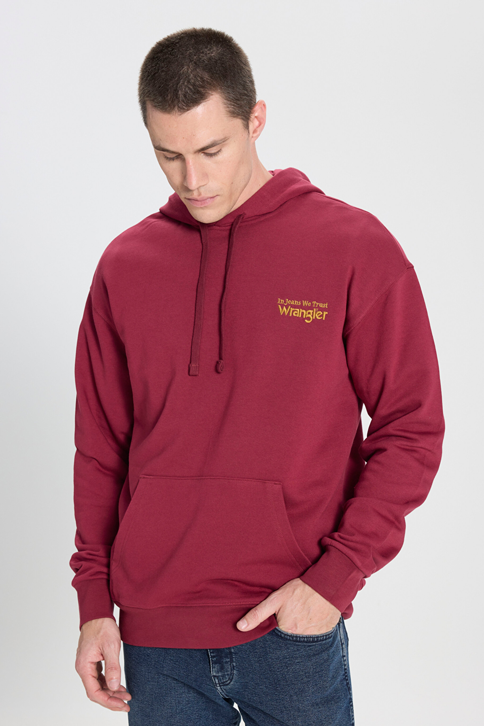 Relaxed Fit Geniş Kesim Kapüşonlu %100 Pamuk Bordo Sweatshirt - Wine-W6M95935810 (görsel 4)