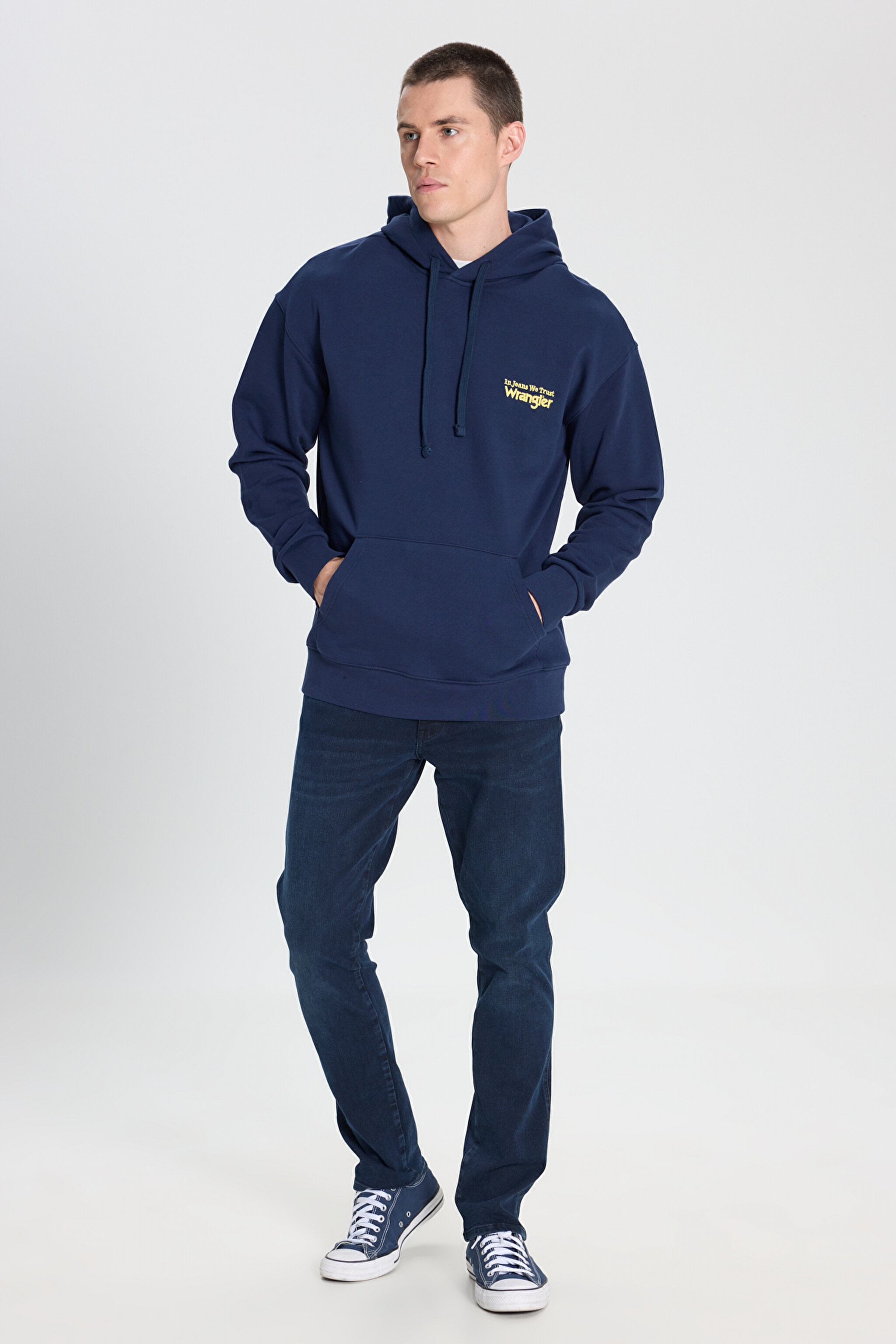 Relaxed Fit Geniş Kesim Kapüşonlu %100 Pamuk Lacivert Sweatshirt - Navy-W6M95935829 (görsel 4)