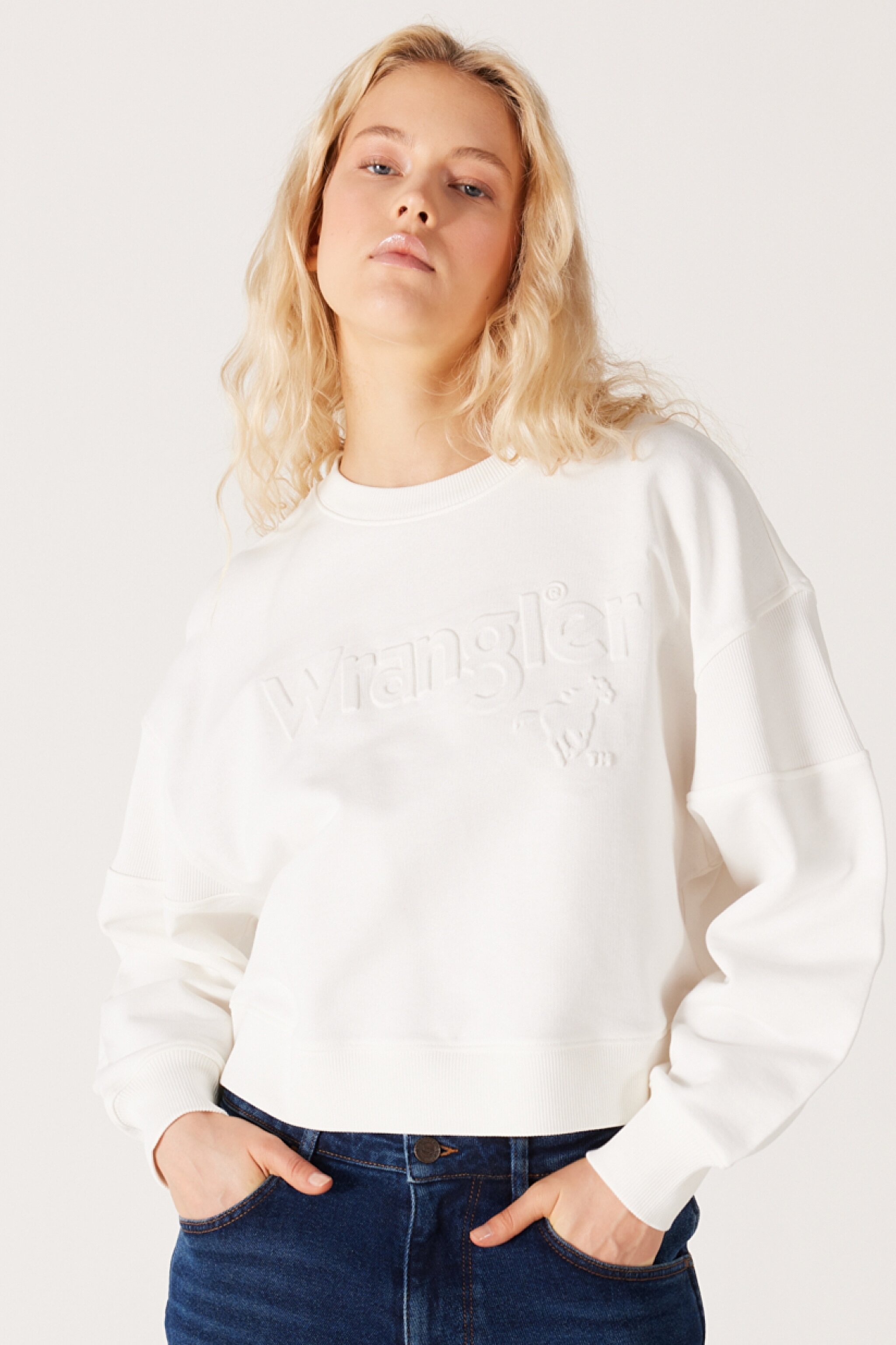 Relaxed Fit Geniş Kesim %100 Pamuk Bisiklet Yaka Beyaz Sweatshirt - Worn White-W6Y2IQW02