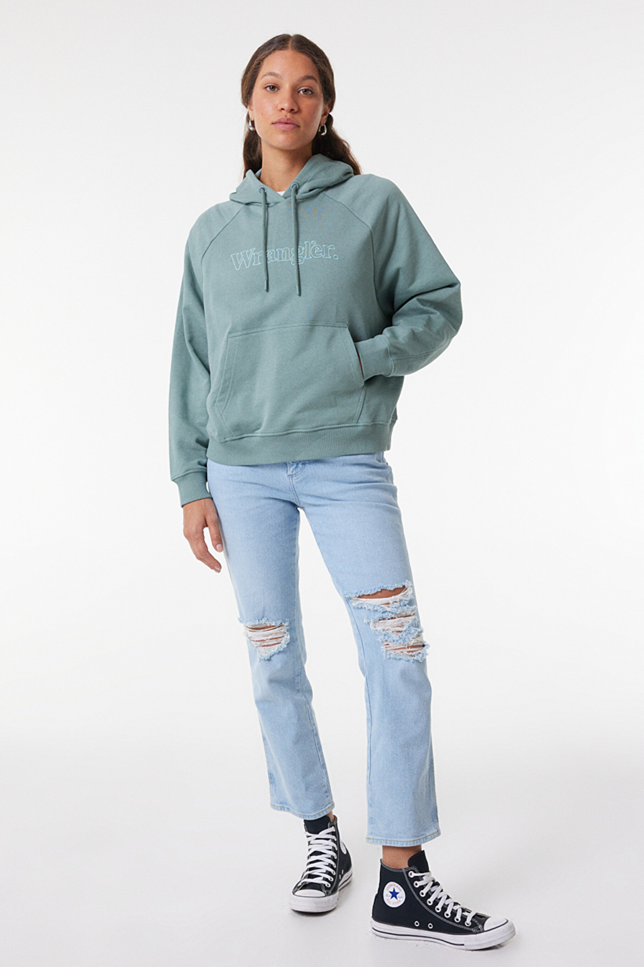 Relaxed Fit Geniş Kesim %100 Pamuk Kapüşonlu Yeşil Sweatshirt - Light Matcha-W6Z6IQG62 (görsel 2)