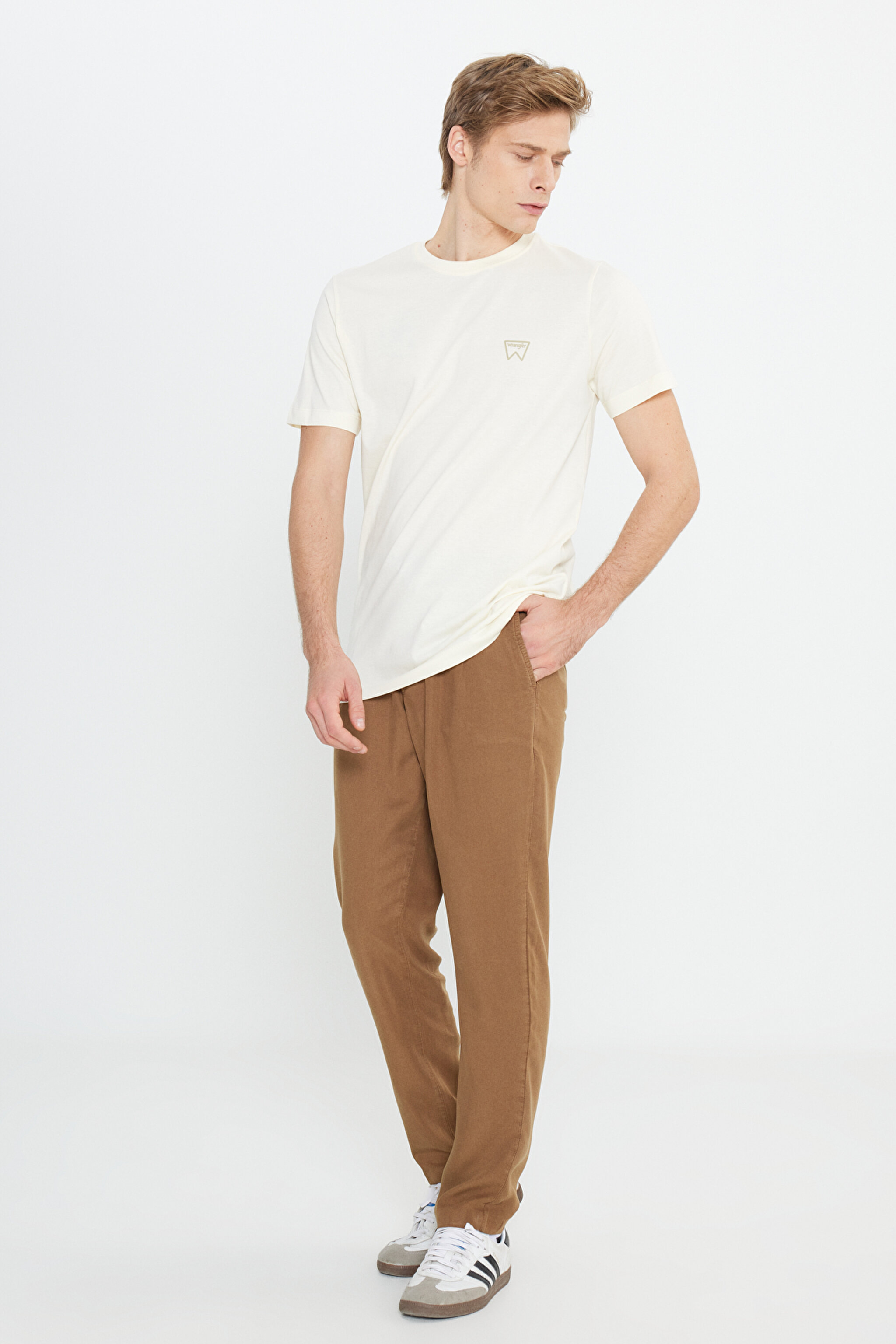 Regular Fit Normal Kesim Bisiklet Yaka %100 Pamuk Bej Tişört - Papyrus-W70MD3XME (görsel 3)