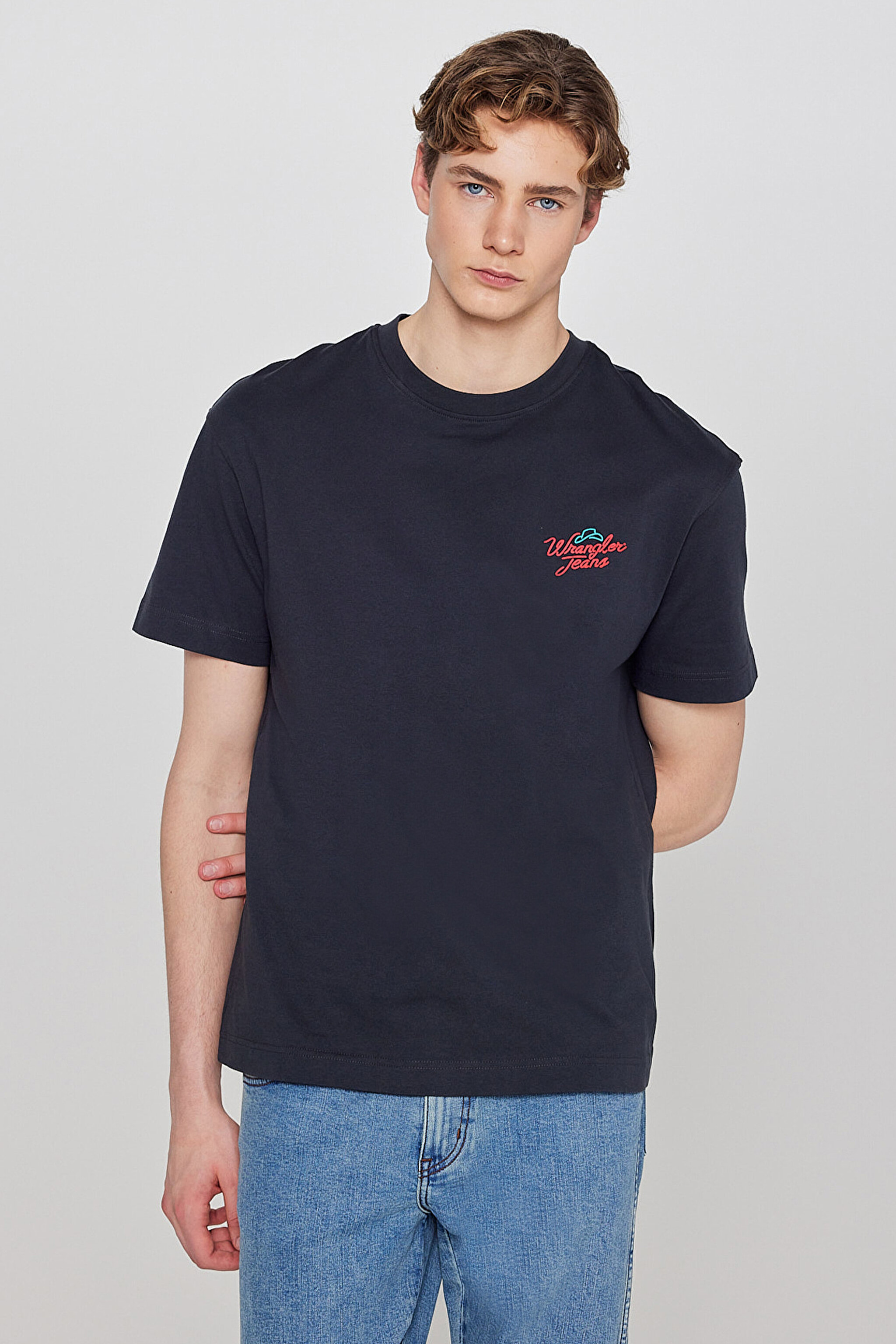 %100 Pamuk Relaxed Fit Rahat Kesim Bisiklet Yaka Logo Detaylı Tişört - W7535920355-Faded Black