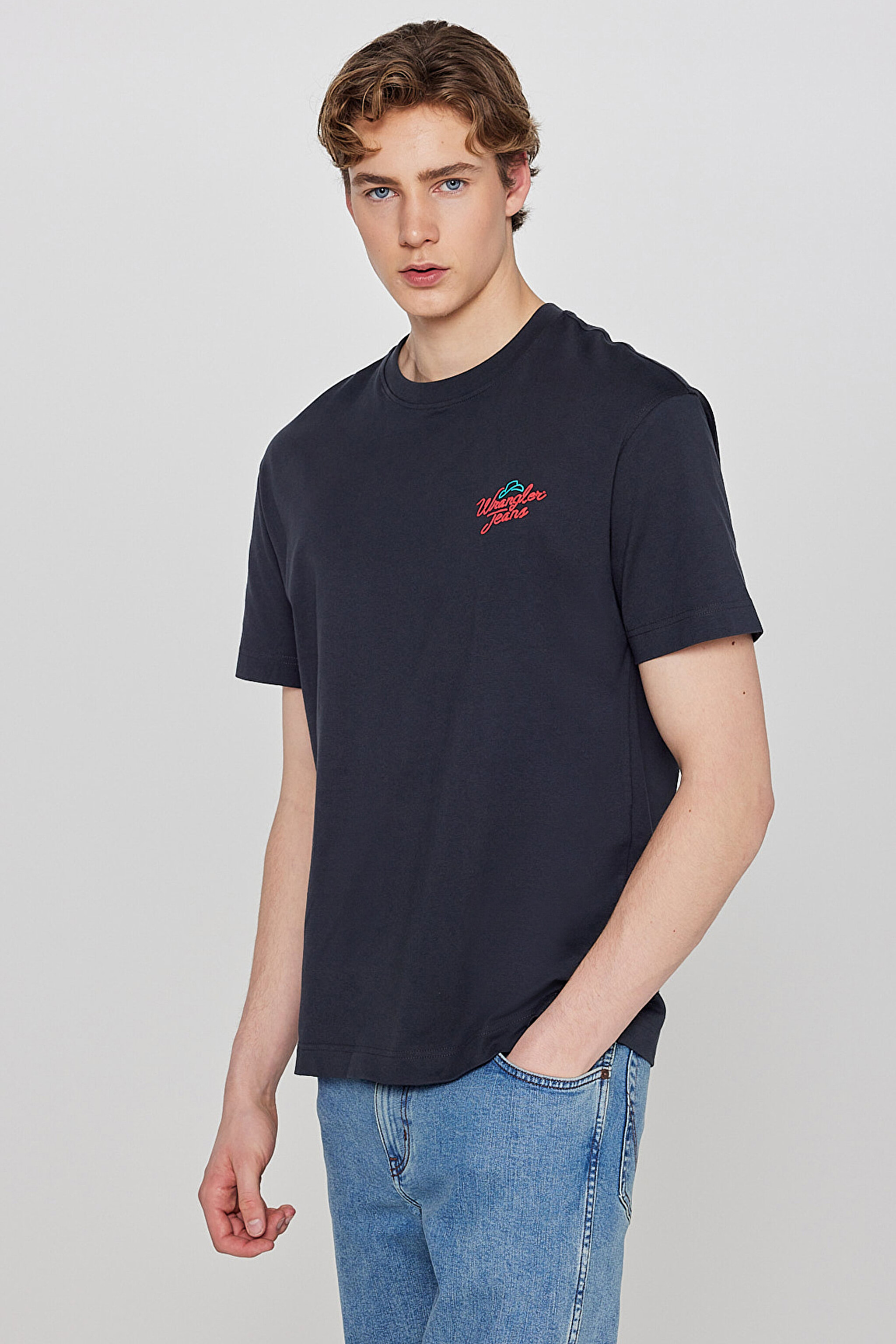 %100 Pamuk Relaxed Fit Rahat Kesim Bisiklet Yaka Logo Detaylı Tişört - W7535920355-Faded Black (görsel 2)