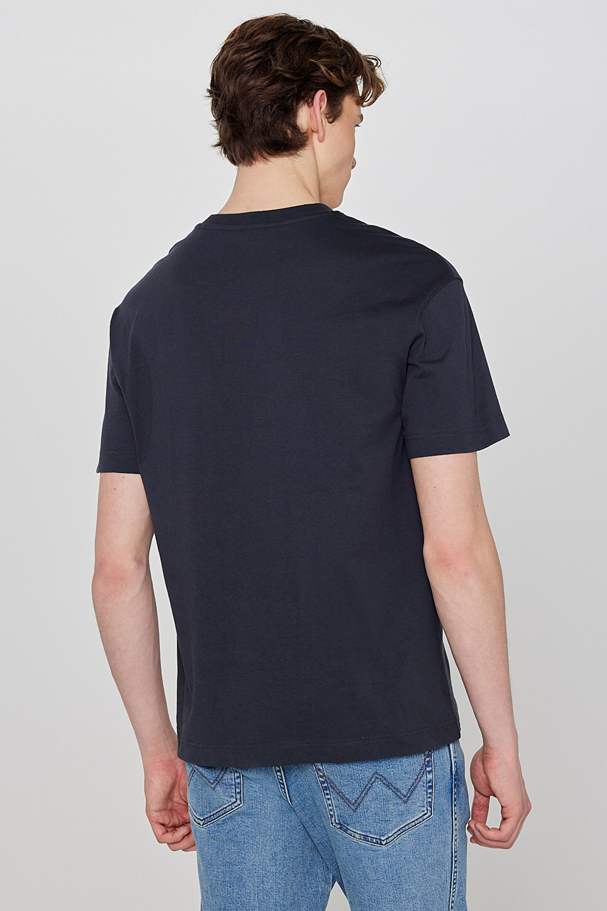 %100 Pamuk Relaxed Fit Rahat Kesim Bisiklet Yaka Logo Detaylı Tişört - W7535920355-Faded Black (görsel 5)