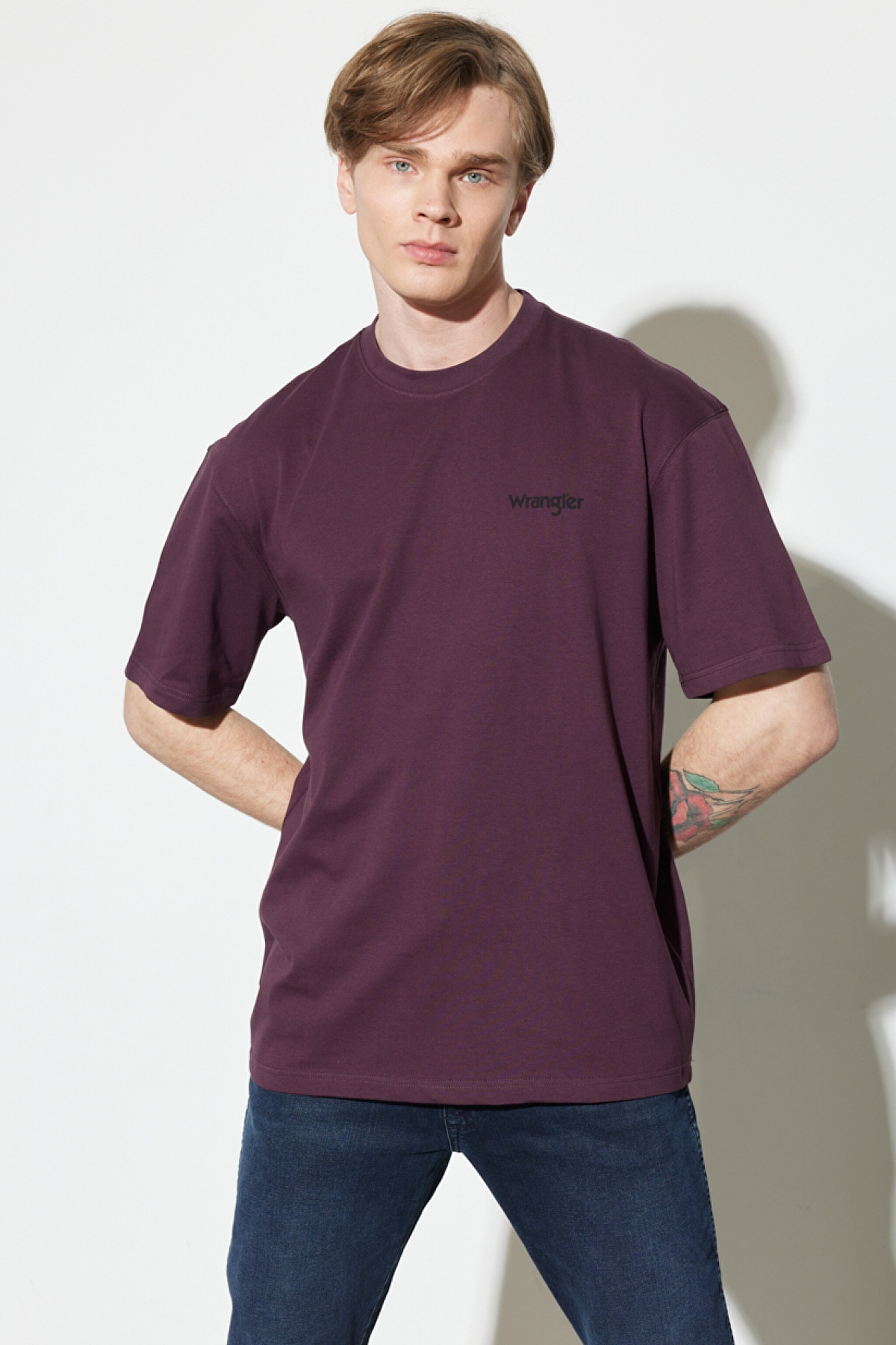 Loose Fit Rahat Kesim %100 Pamuk Bisiklet Yaka Bordo Tişört - Aubergine-W7BFEEXU1 (görsel 2)