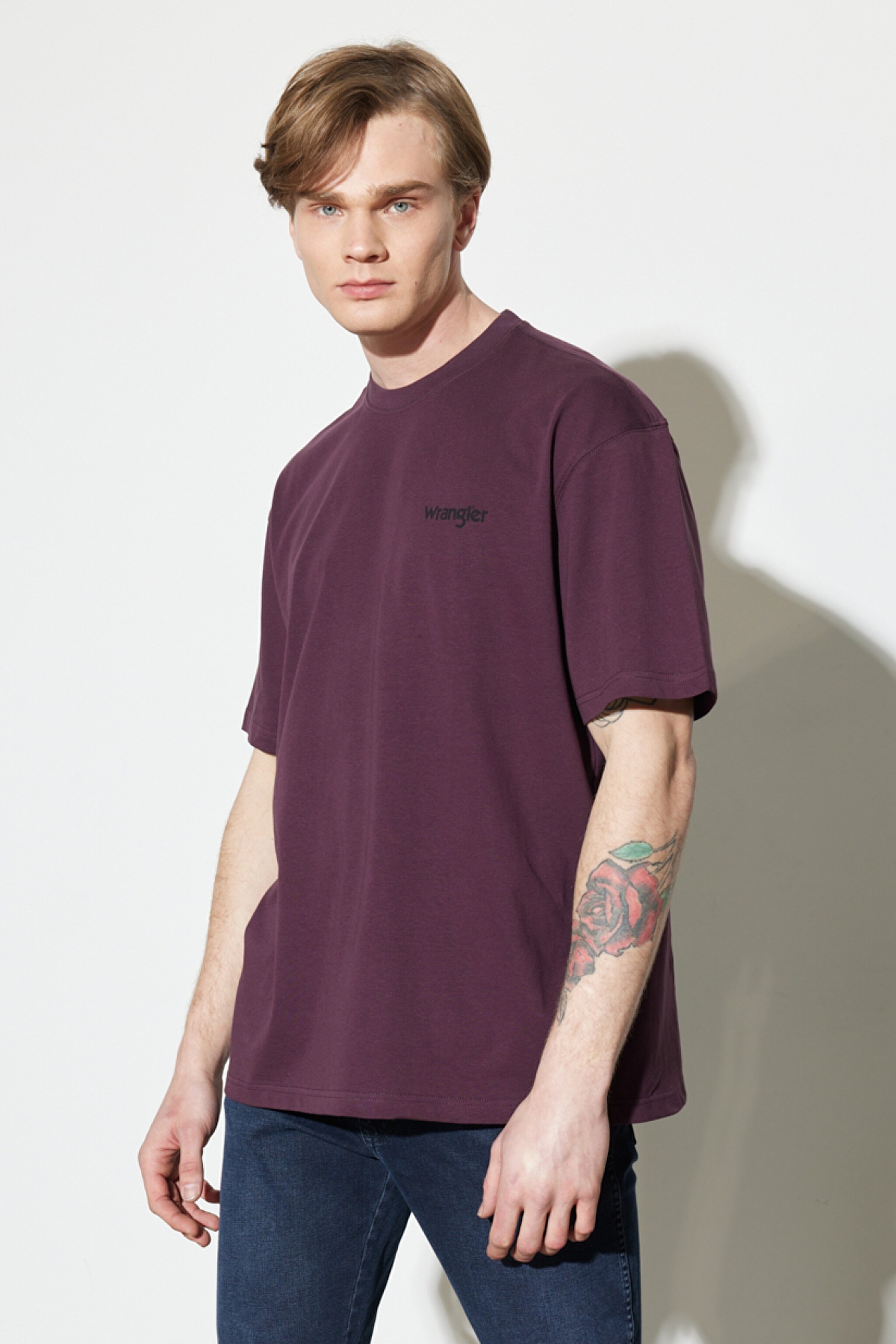Loose Fit Rahat Kesim %100 Pamuk Bisiklet Yaka Bordo Tişört - Aubergine-W7BFEEXU1 (görsel 4)