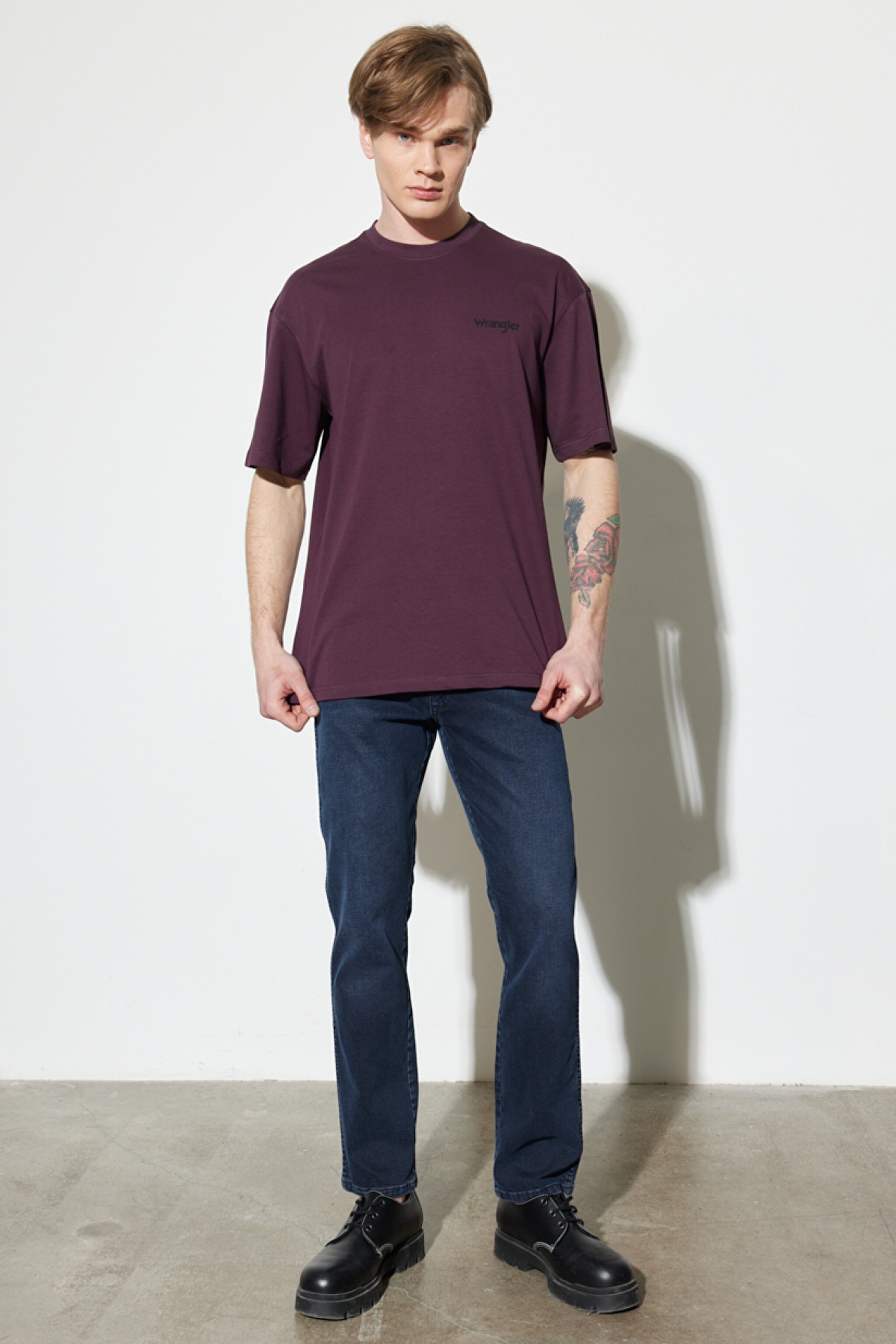 Loose Fit Rahat Kesim %100 Pamuk Bisiklet Yaka Bordo Tişört - Aubergine-W7BFEEXU1 (görsel 7)