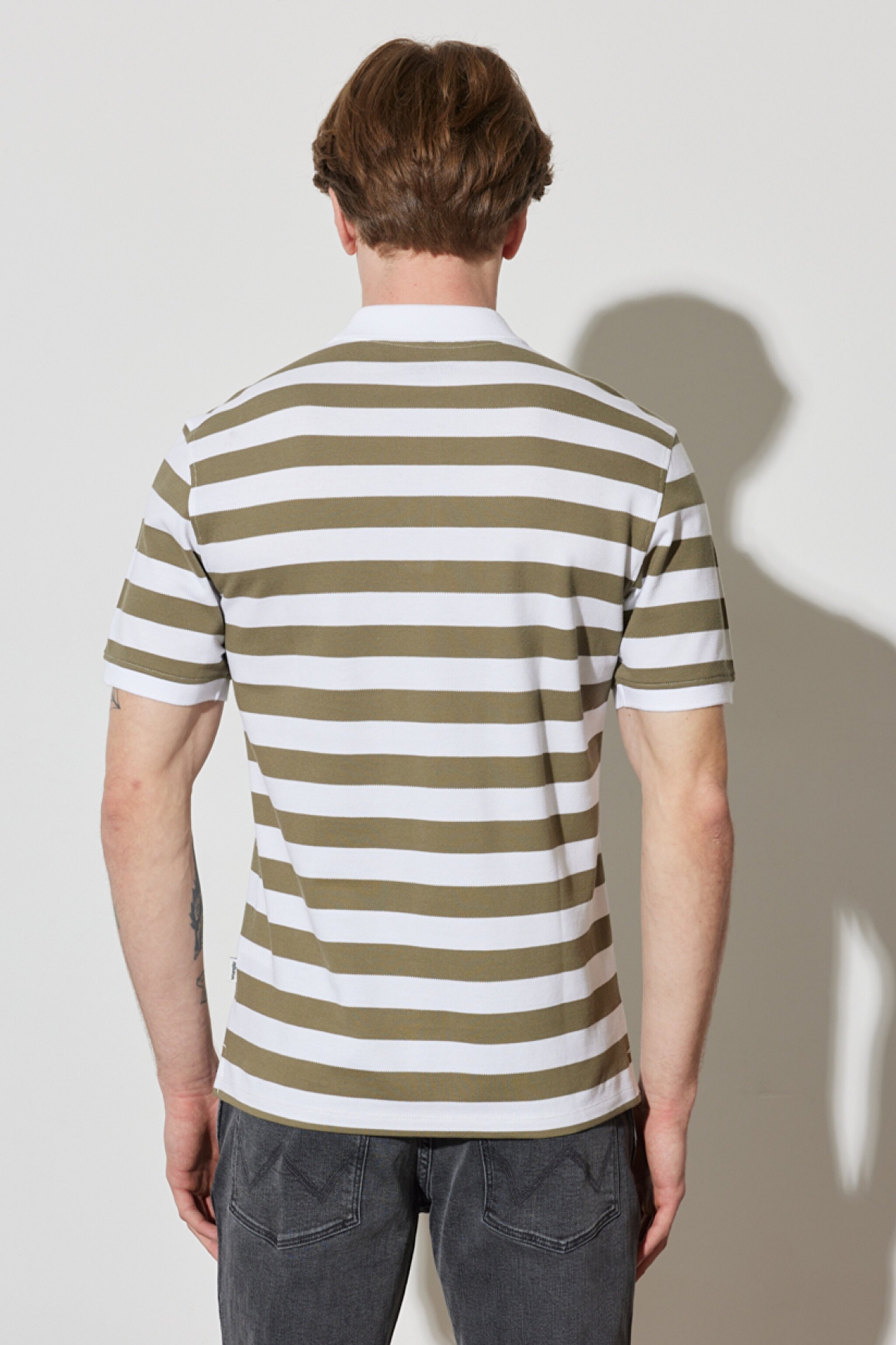 Regular Fit Normal Kesim %100 Pamuk Polo Yaka Çizgili Tişört - White-W7CDMH989 (görsel 7)