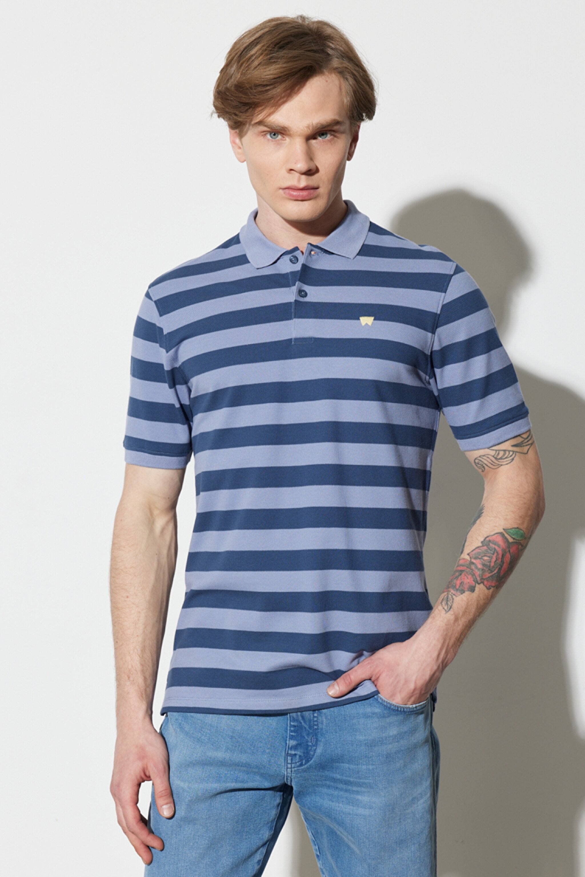 Regular Fit Normal Kesim %100 Pamuk Polo Yaka Çizgili Tişört - Dark Denim-W7CDMHXTG