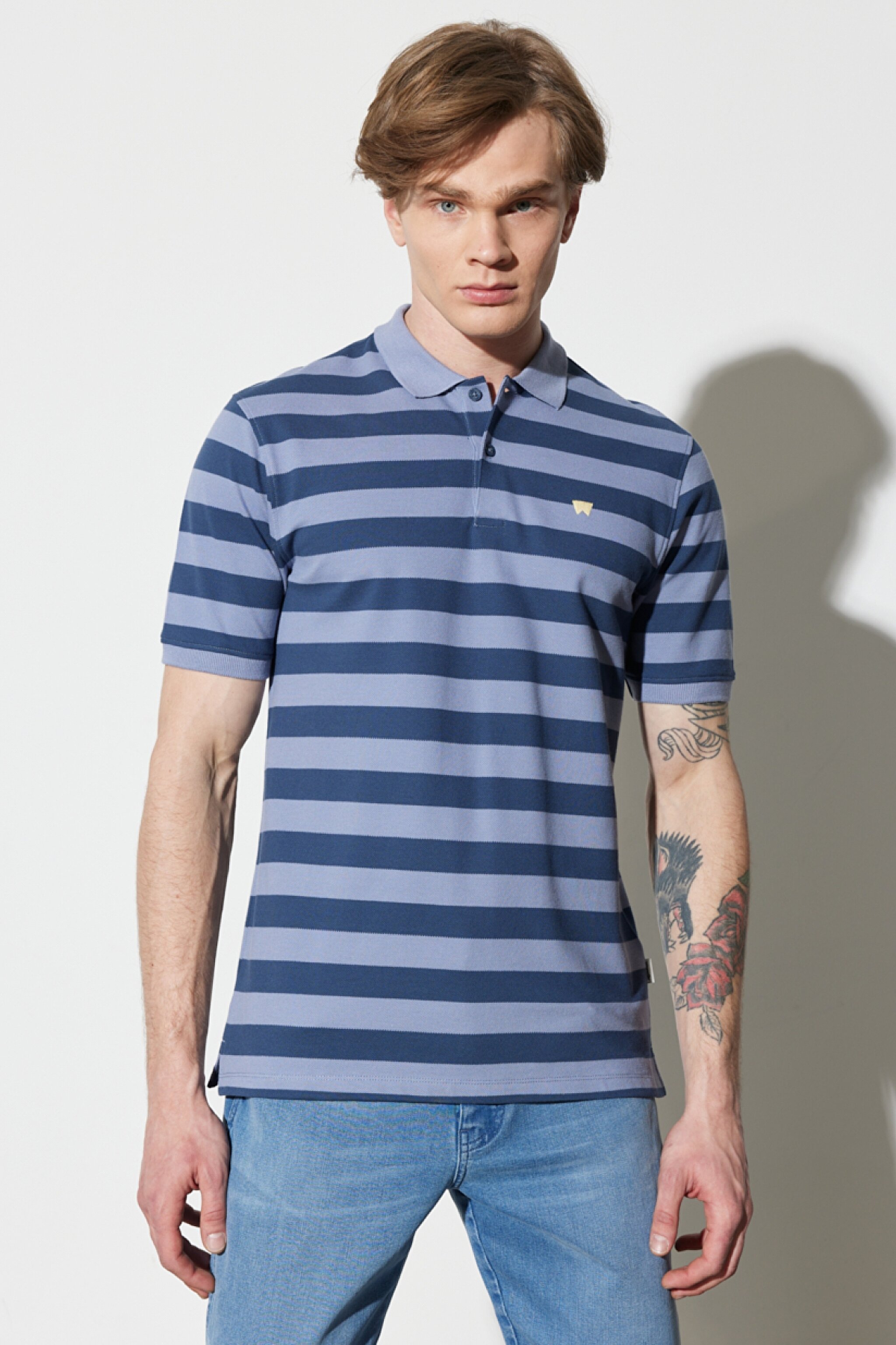 Regular Fit Normal Kesim %100 Pamuk Polo Yaka Çizgili Tişört - Dark Denim-W7CDMHXTG (görsel 4)