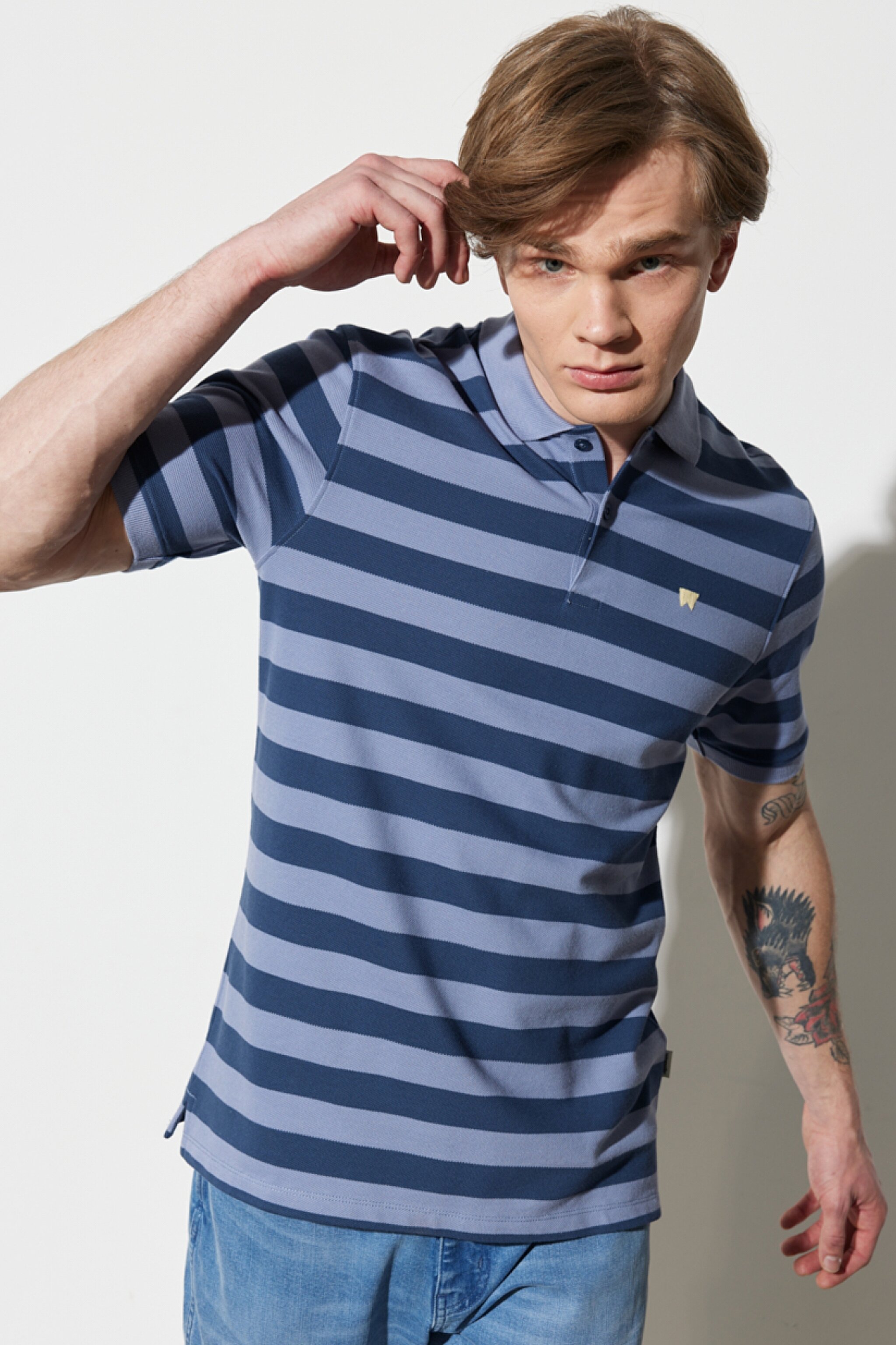 Regular Fit Normal Kesim %100 Pamuk Polo Yaka Çizgili Tişört - Dark Denim-W7CDMHXTG (görsel 5)