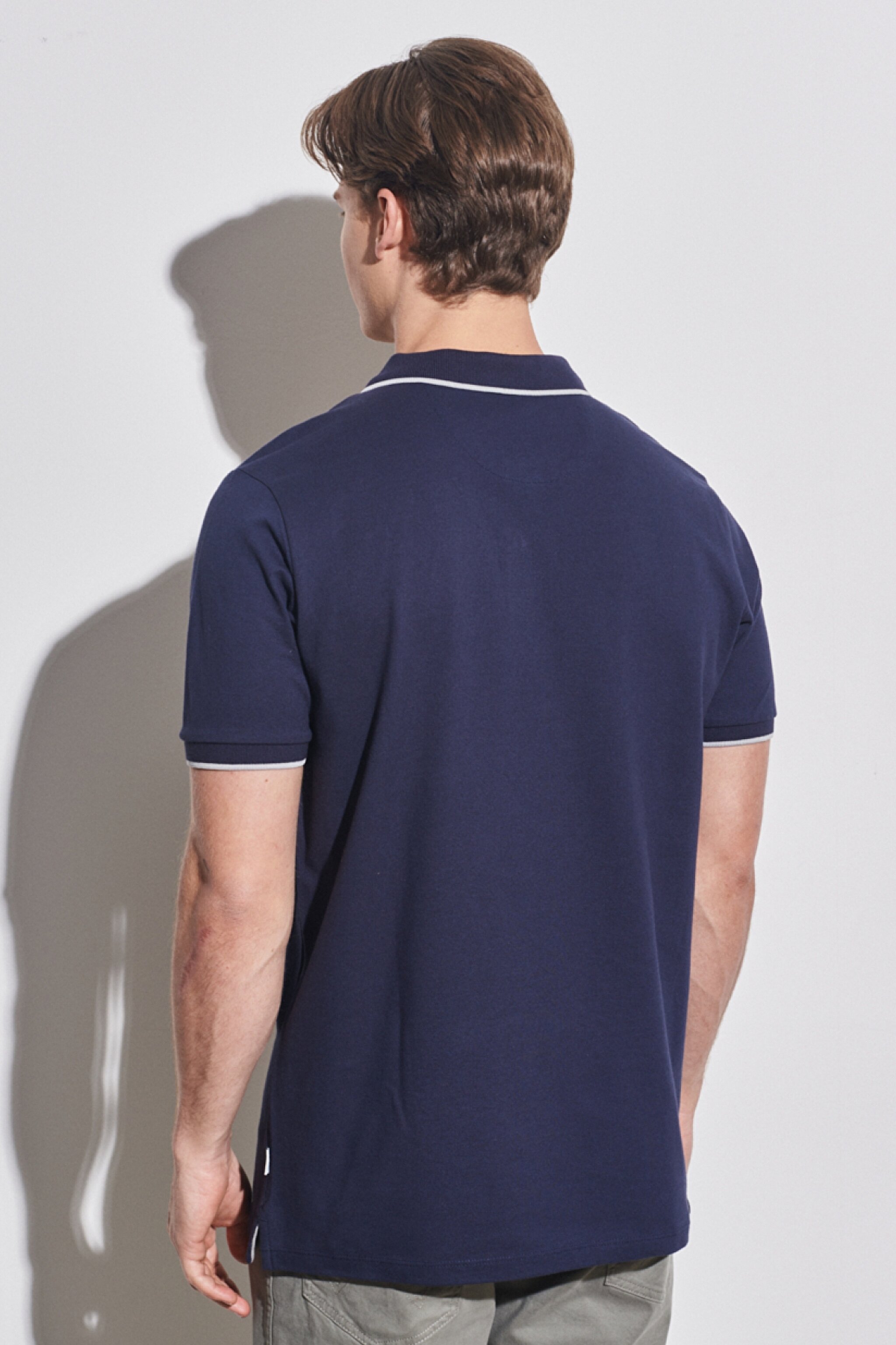 Slim Fit Dar Kesim Polo Yaka %100 Pamuk Tişört - Navy-W7D5K4114 (görsel 6)