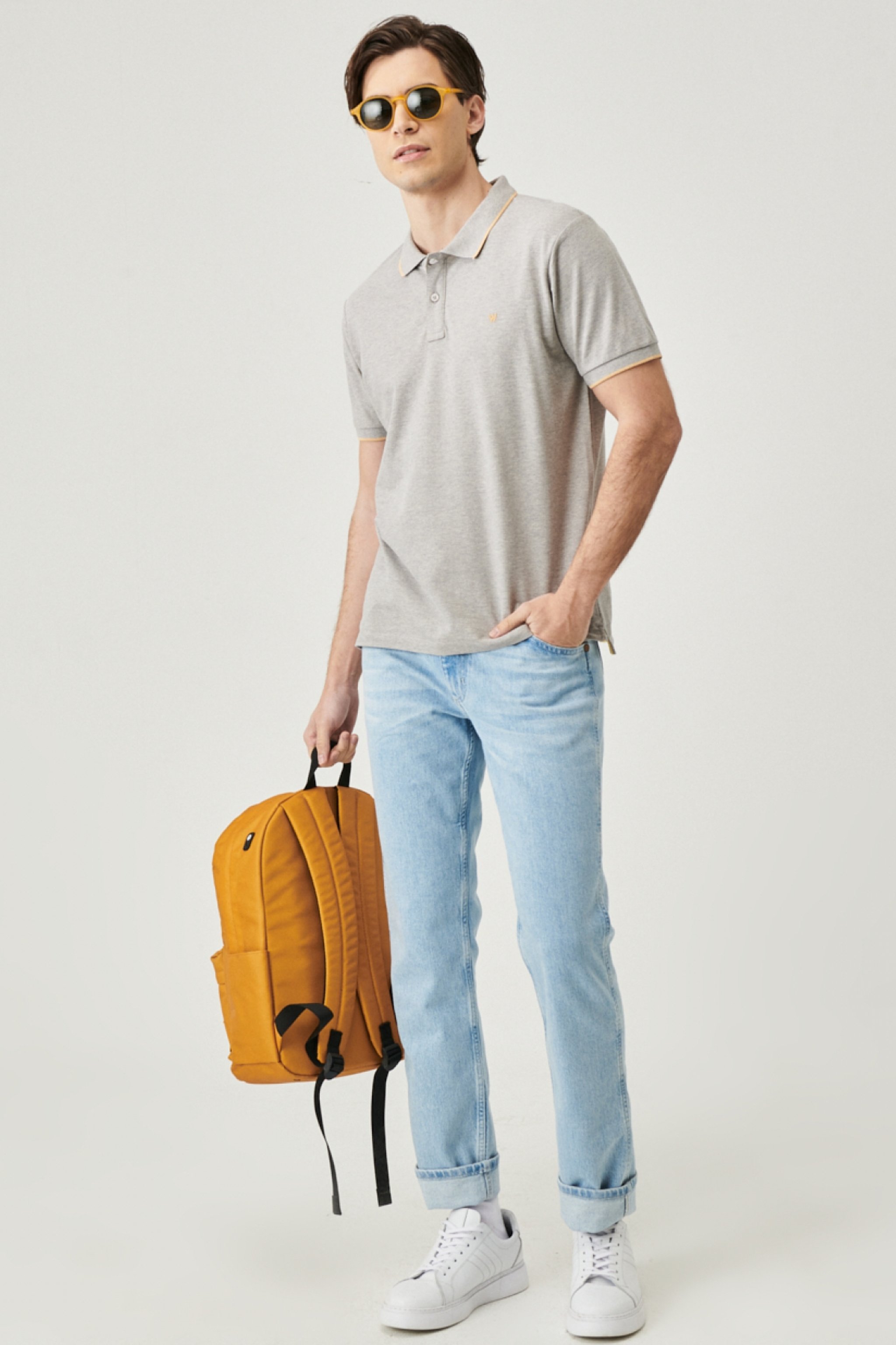 Slim Fit Dar Kesim Polo Yaka %100 Pamuk Tişört - Mid Grey Melee-W7D5K4X37 (görsel 2)
