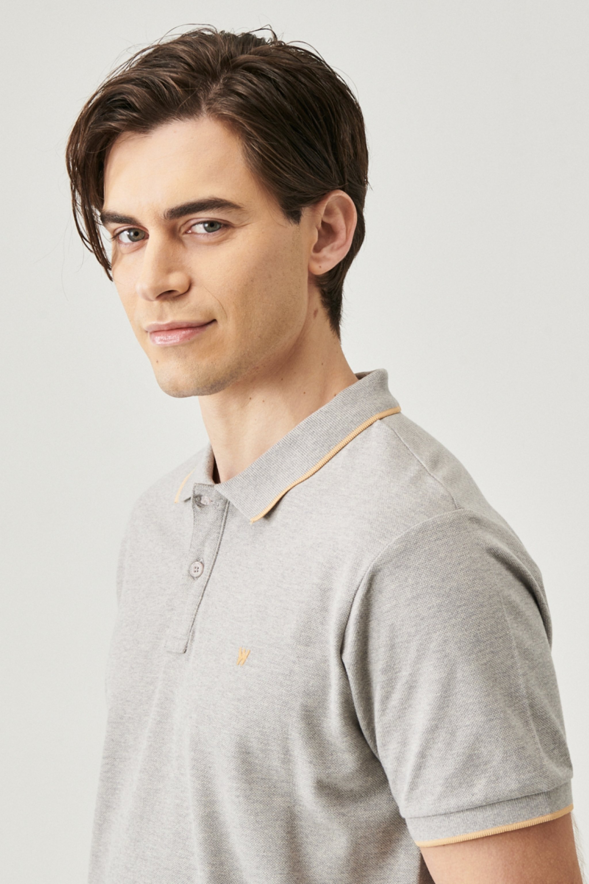 Slim Fit Dar Kesim Polo Yaka %100 Pamuk Tişört - Mid Grey Melee-W7D5K4X37 (görsel 4)