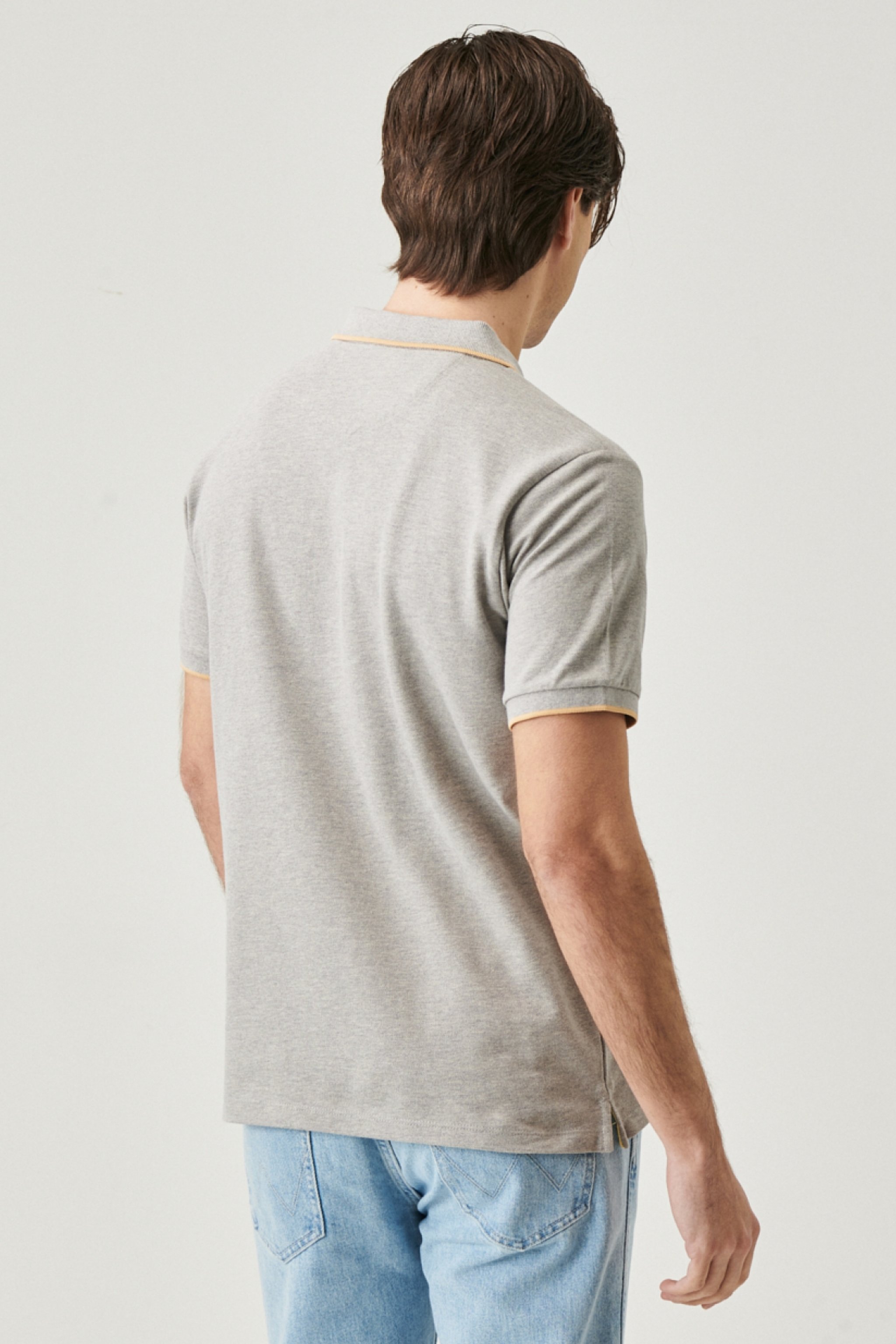 Slim Fit Dar Kesim Polo Yaka %100 Pamuk Tişört - Mid Grey Melee-W7D5K4X37 (görsel 6)