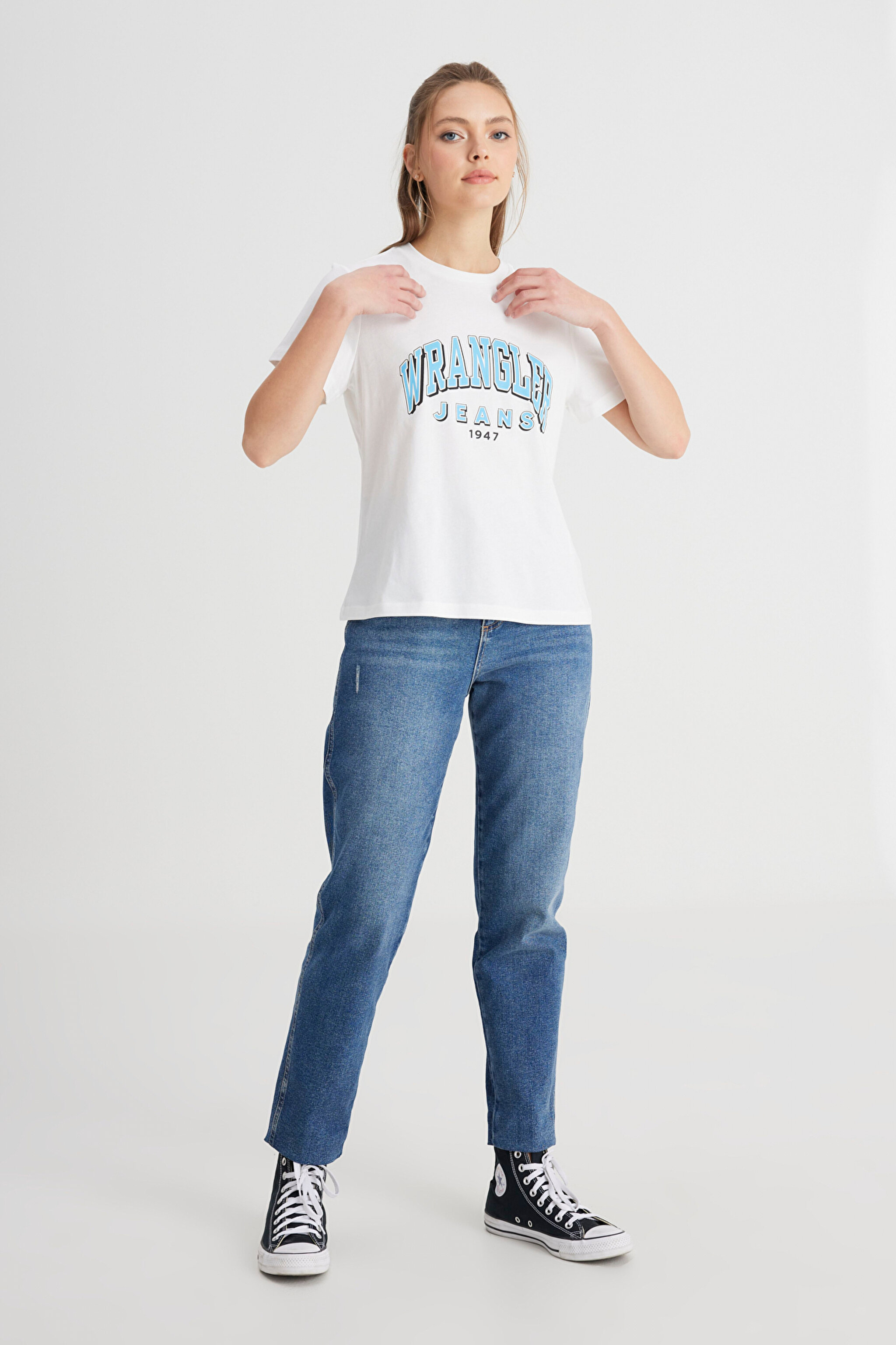 Regular Fit Normal Kesim Bisiklet Yaka %100 Pamuk Kırık Beyaz Tişört - Off White-W7N4205541102 (görsel 3)