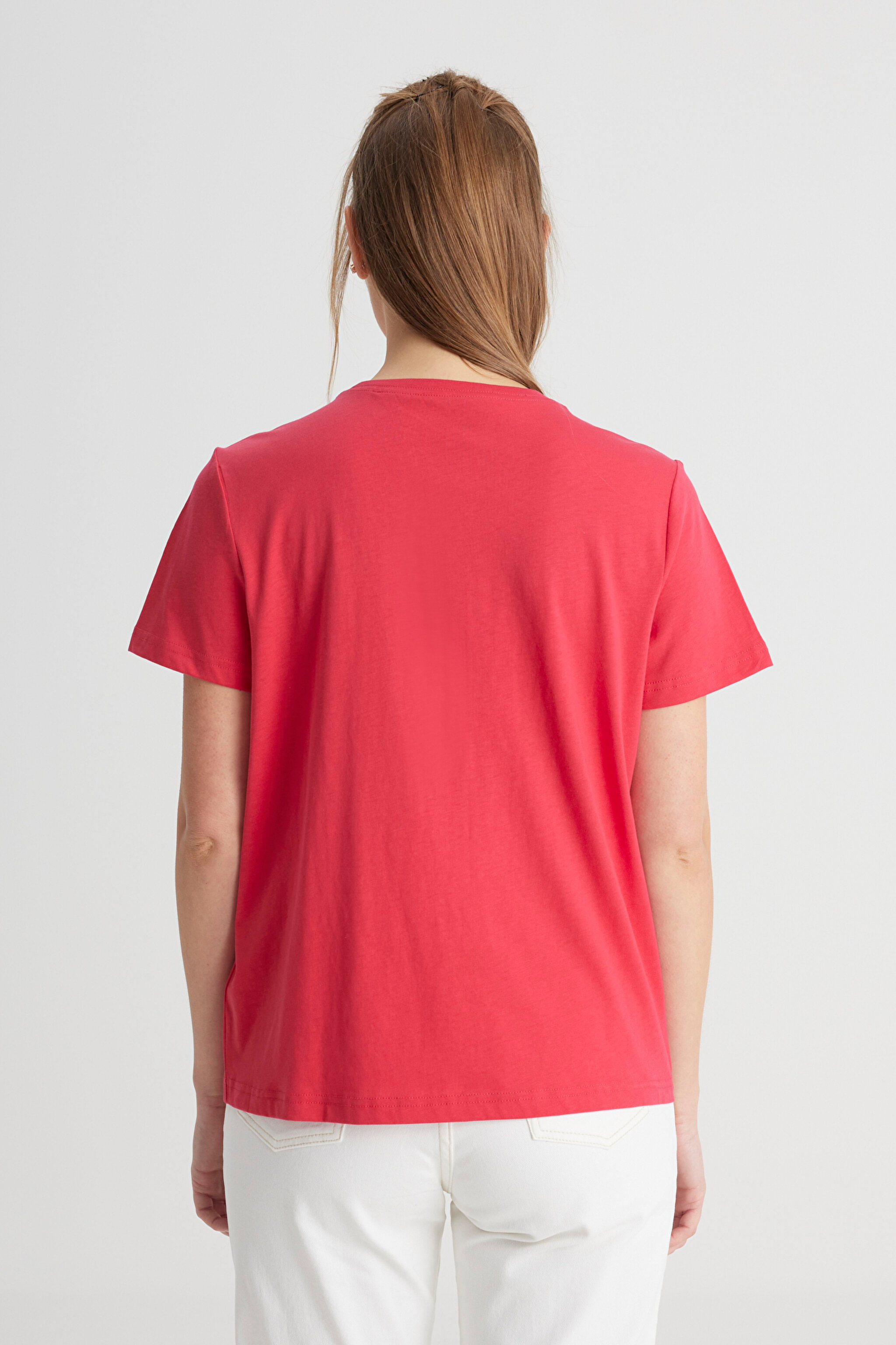 Regular Fit Normal Kesim Bisiklet Yaka %100 Pamuk Pembe Tişört - Pink-W7N4205541611 (görsel 5)