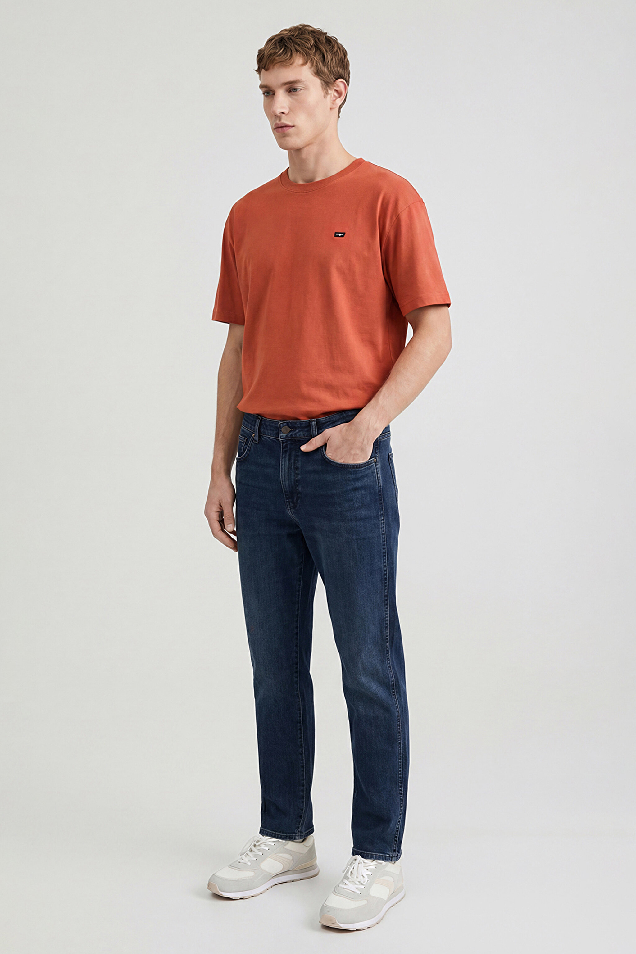 %100 Pamuk Relaxed Fit Rahat Kesim Bisiklet Yaka Tişört - Brick-W7NM203877222 (görsel 4)