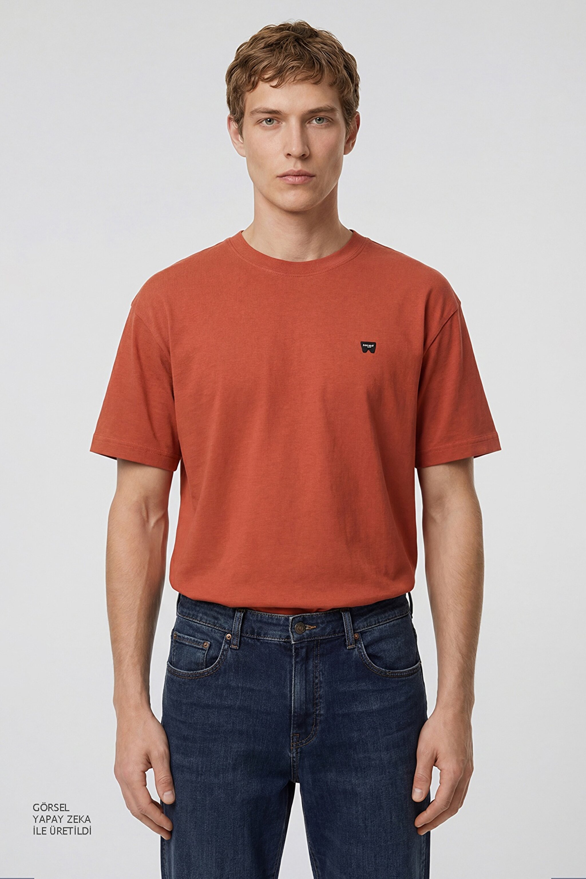 %100 Pamuk Relaxed Fit Rahat Kesim Bisiklet Yaka Tişört - Brick-W7NM203877222 (görsel 2)